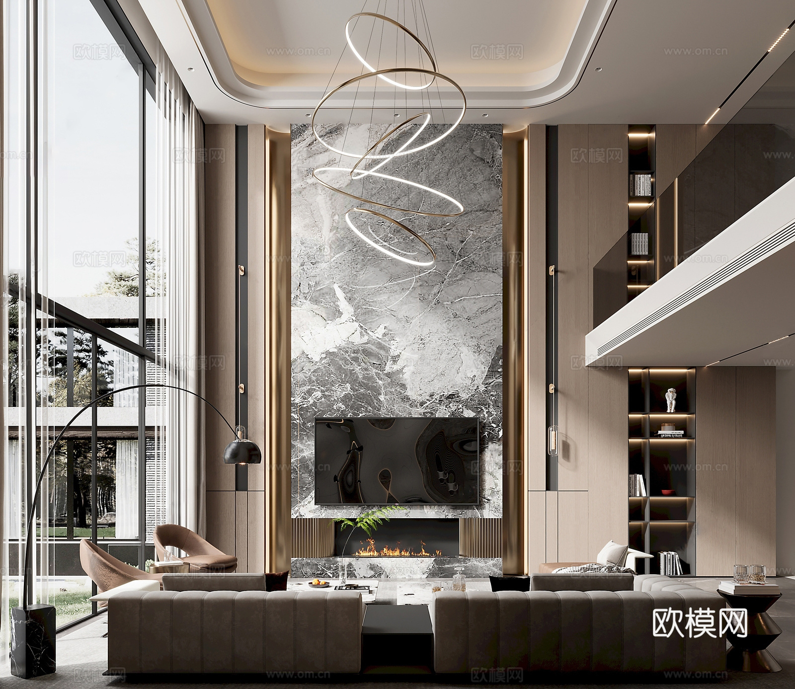 现代复式客厅吊灯 现代挑空客厅背景 现代别墅电视背景 新中式su模型