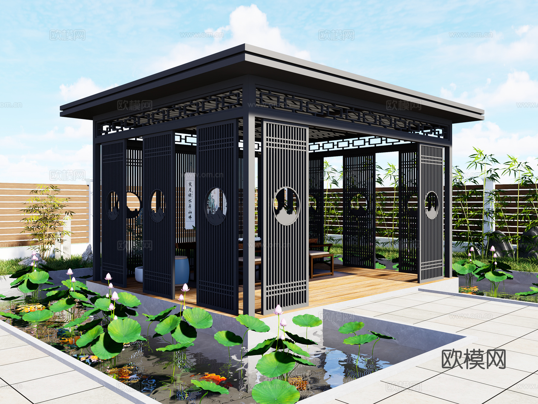 新中式铝合金凉亭 庭院廊架 花园亭子 休闲聚会凉亭 廊架3d模型下载（渲染图1）