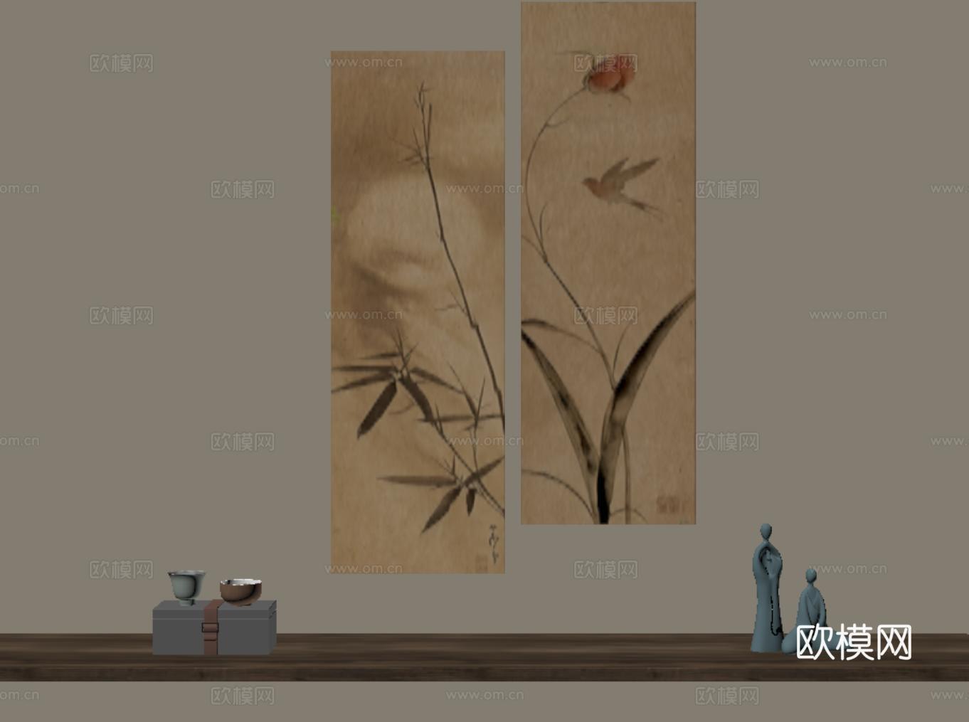 新中式古韵挂画 禅意装饰画 宋代植物画 竹子su模型