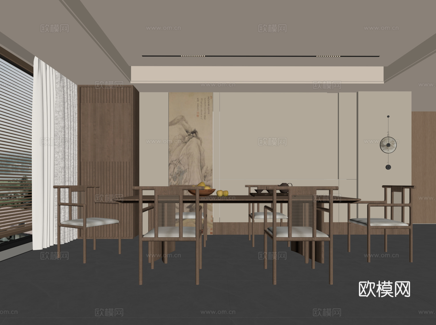 新中式餐厅 餐桌椅 背景墙su模型