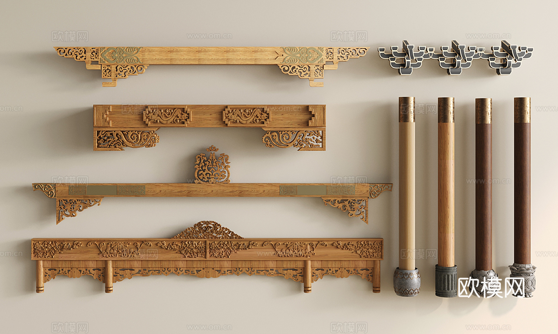 新中式柱子 门庭柱 柱础石 中式彩绘木梁横梁 中式建筑构件3d模型下载