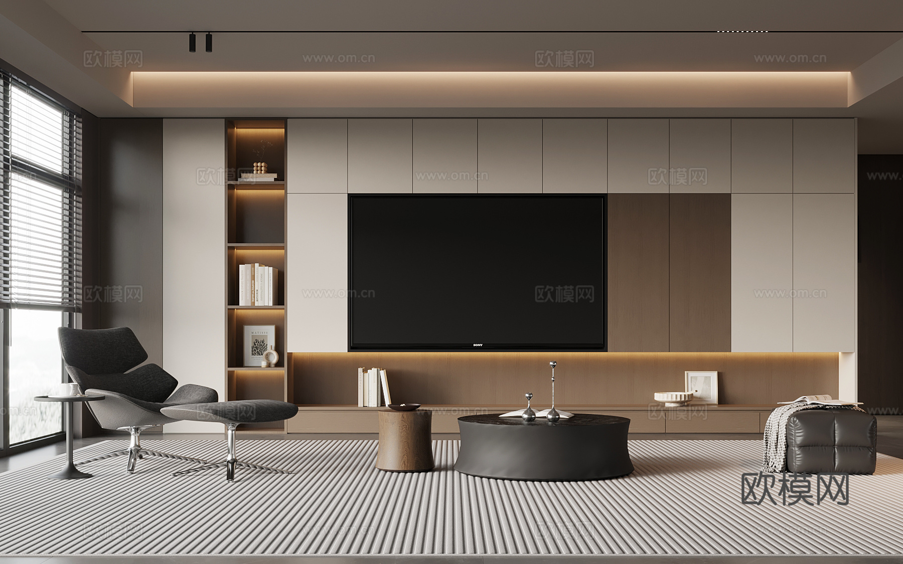 现代意式客厅 电视背景墙 电视柜 沙发茶几组合su模型