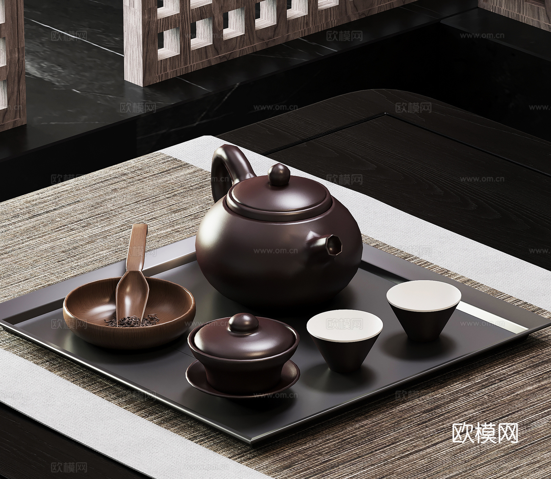 新中式茶具 茶杯 茶壶 茶叶3d模型下载
