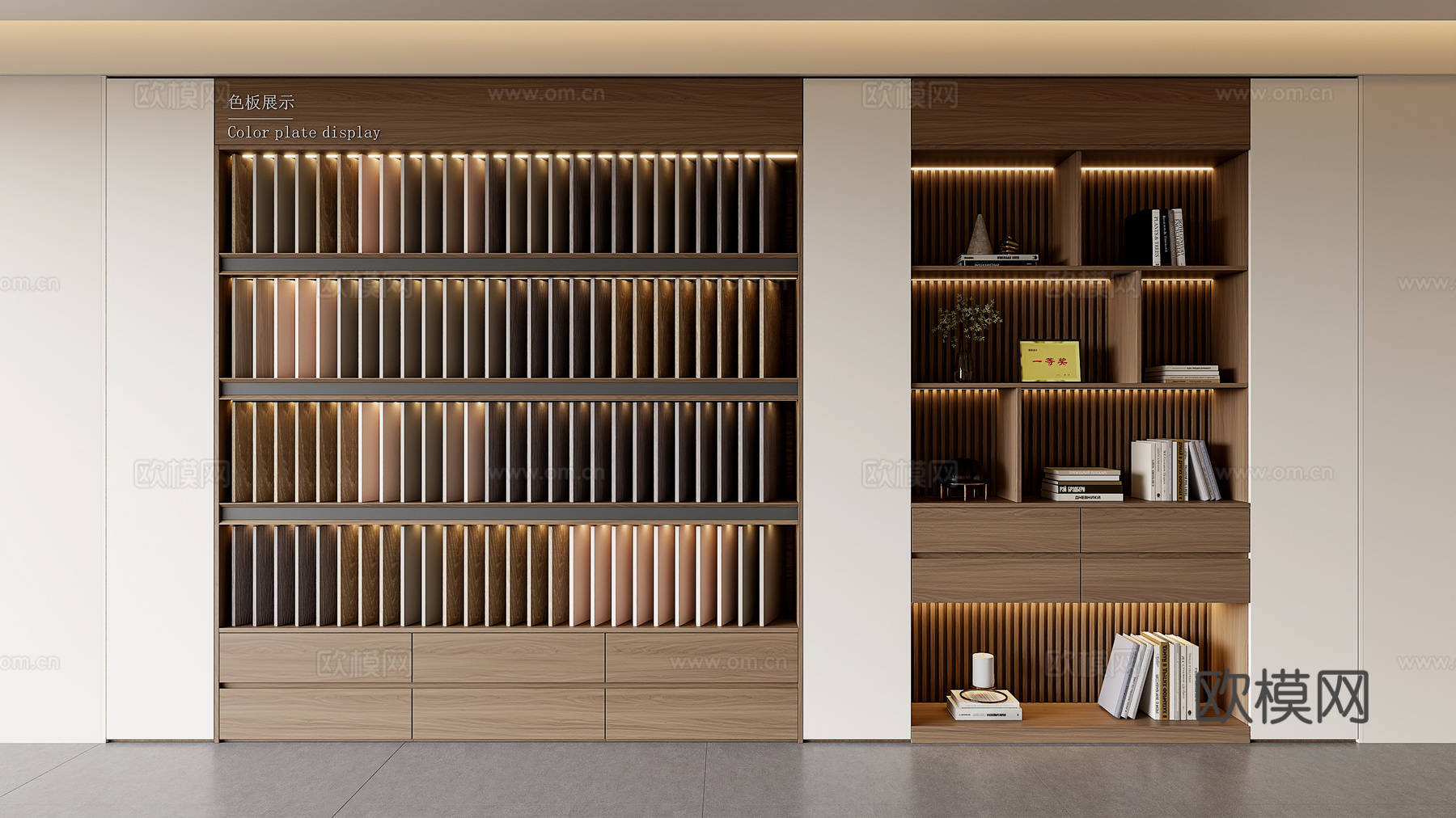 现代全屋定制展厅色板柜 木作展厅色板柜 证书柜  装饰柜su模型
