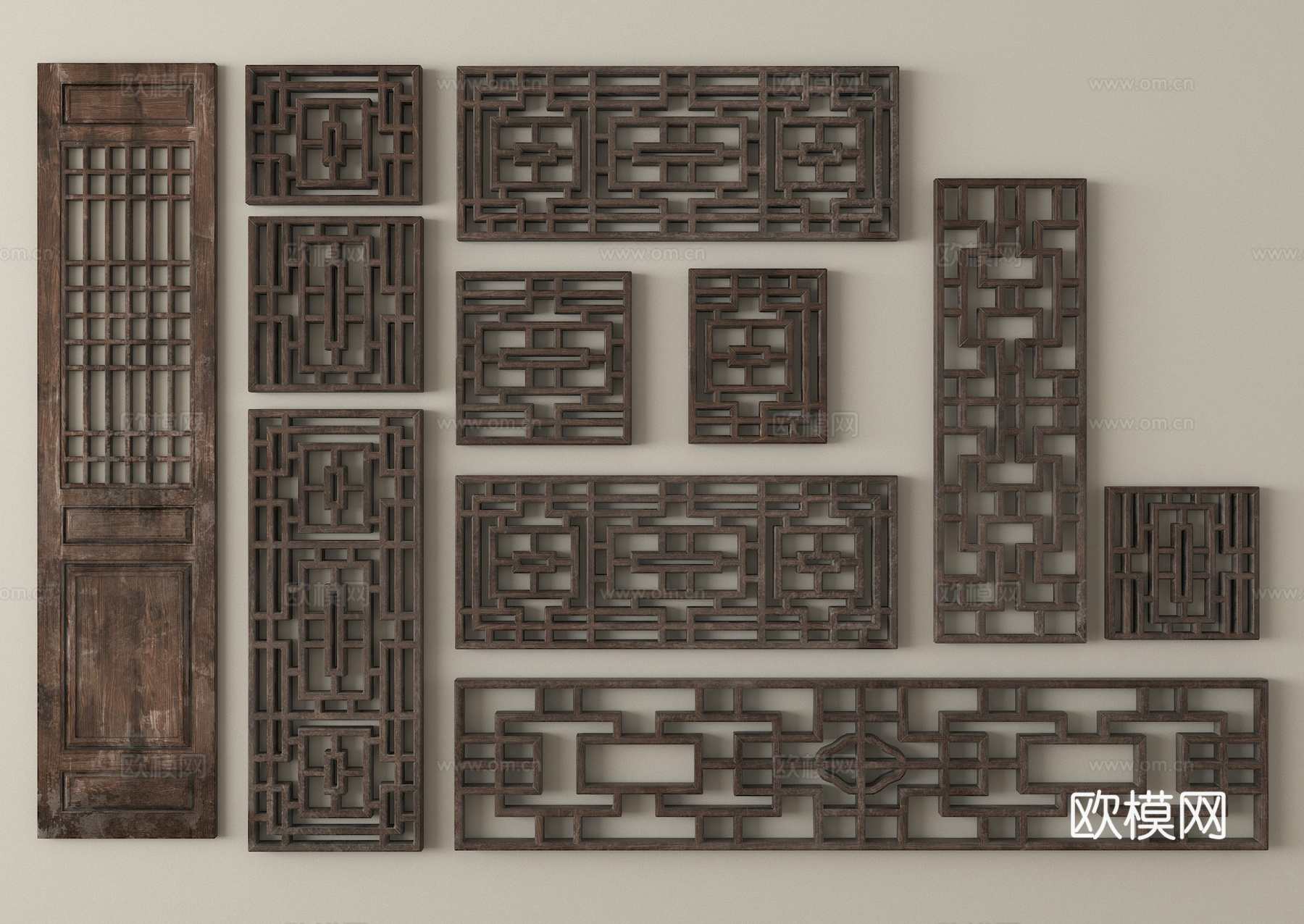 中式旧花格花窗 木雕花窗 镂空花格 仿古雕花窗3d模型下载