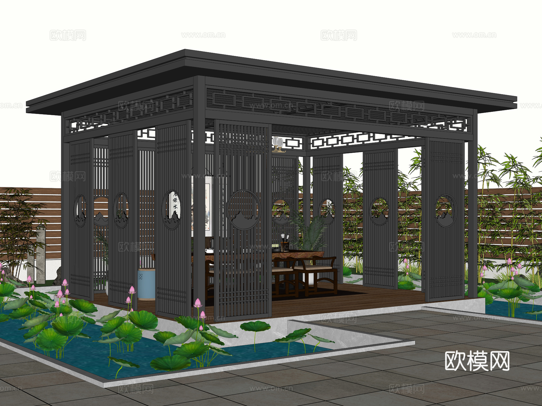 新中式铝合金凉亭 庭院廊架 花园亭子 休闲聚会凉亭 廊架3d模型下载（渲染图3）
