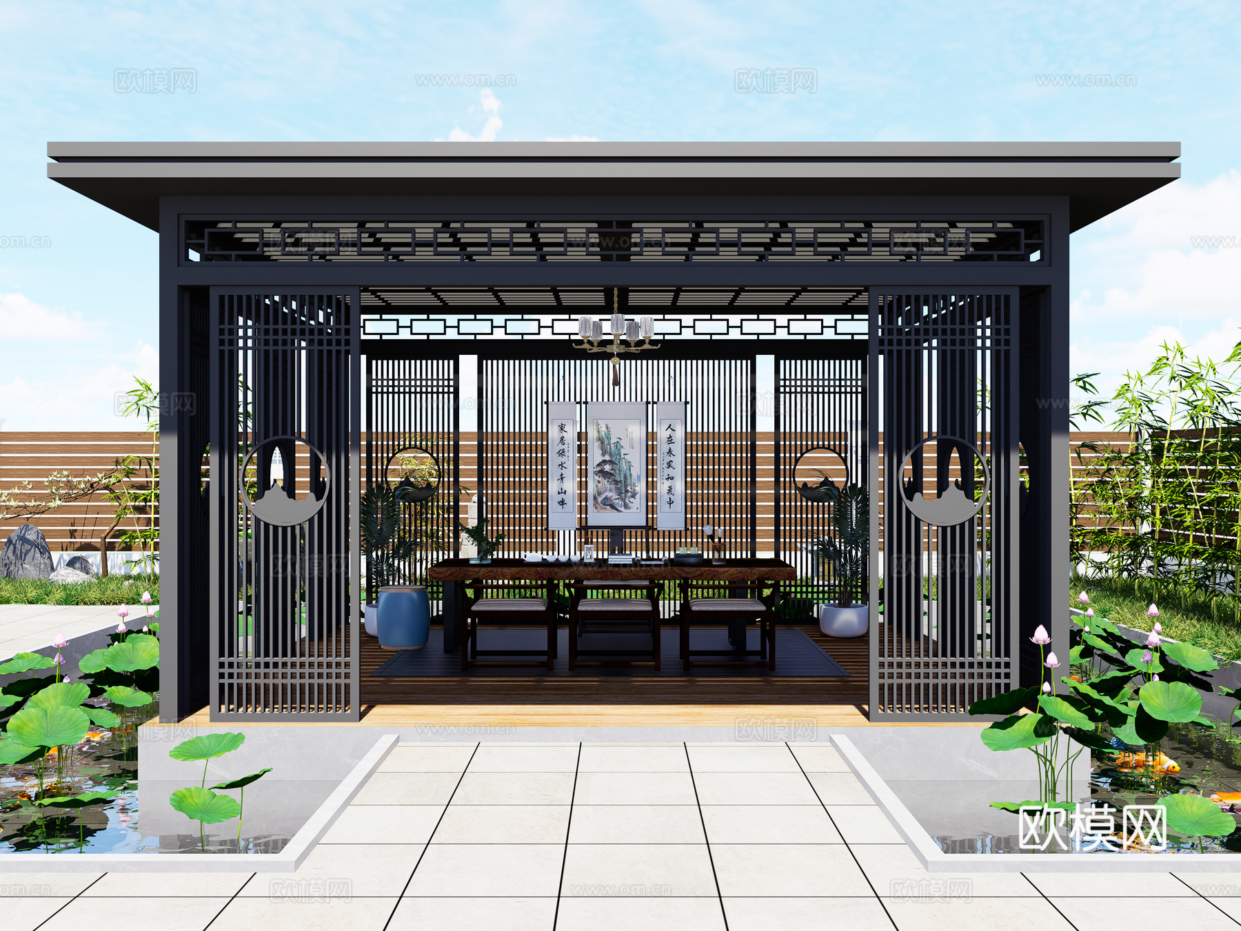 新中式铝合金凉亭 庭院廊架 花园亭子 休闲聚会凉亭 廊架3d模型下载（渲染图2）