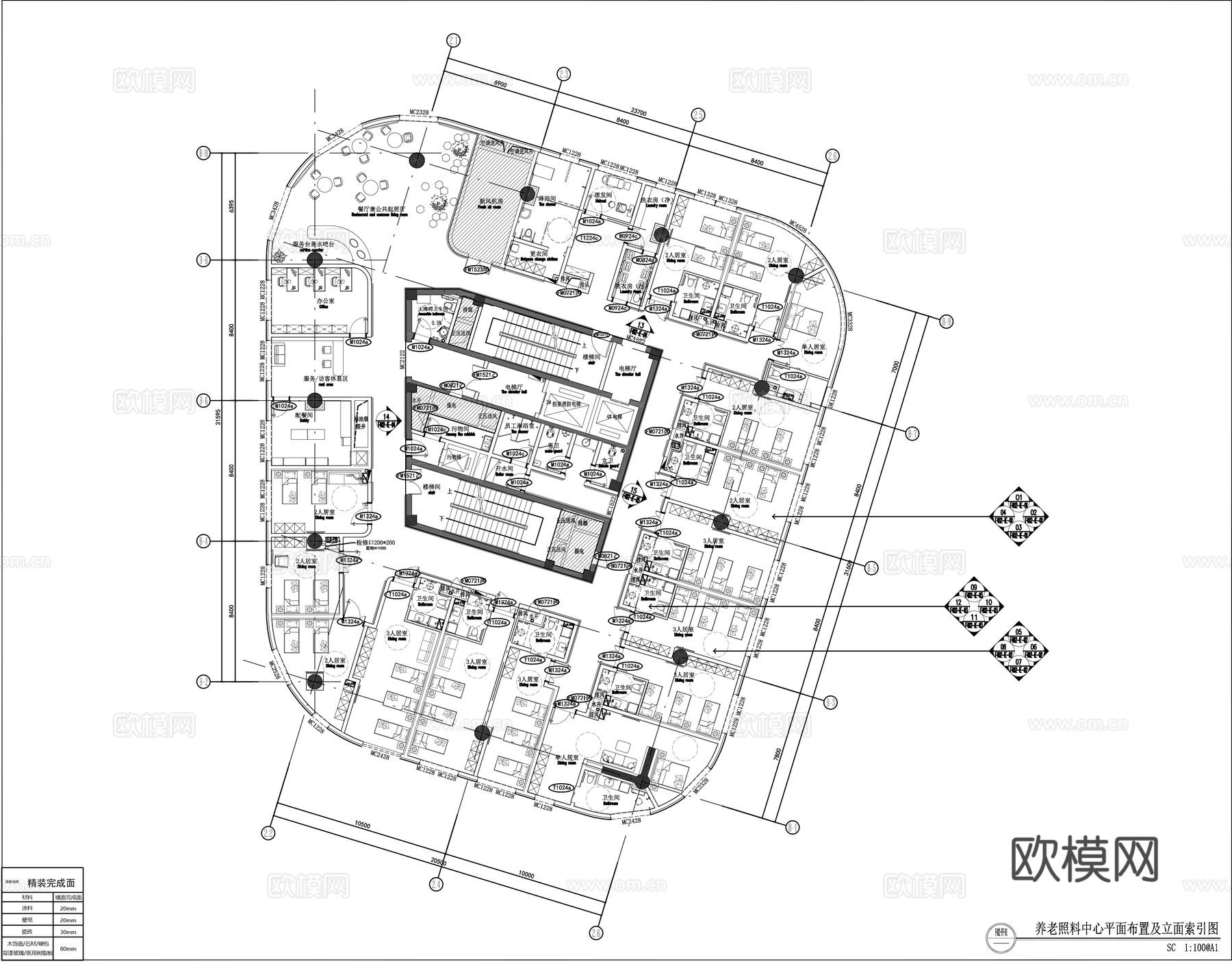 养老中心平面施工图cad施工图