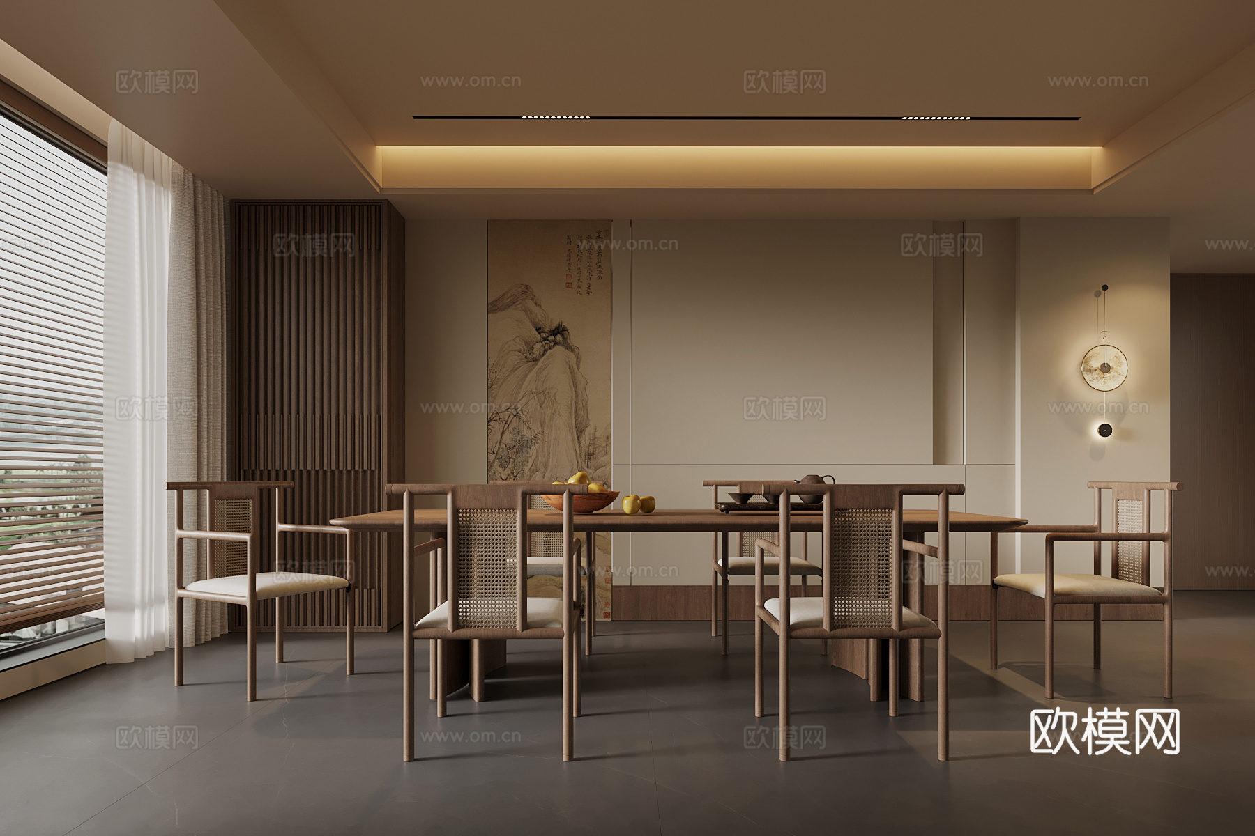 新中式餐厅 餐桌椅 背景墙su模型