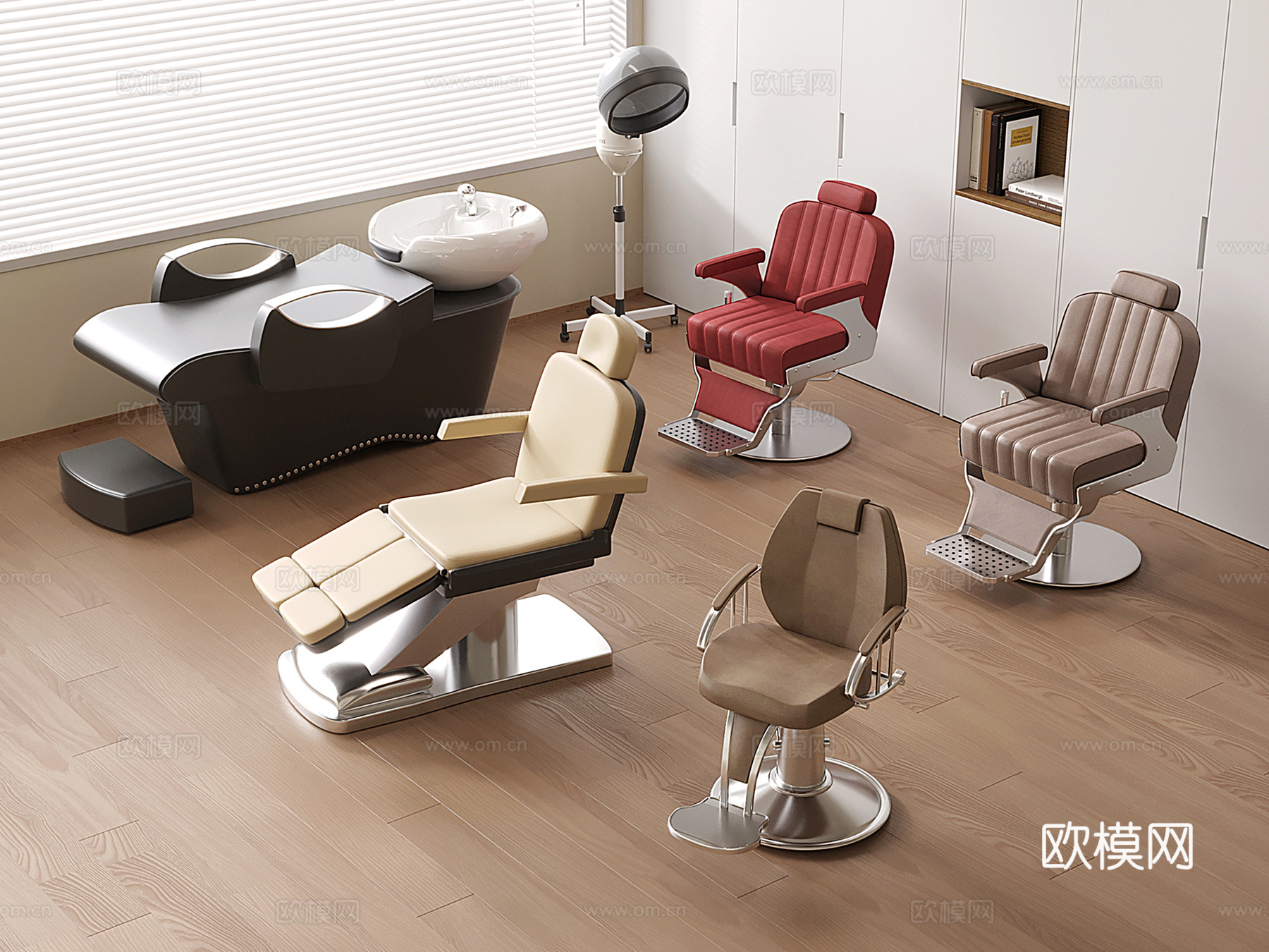 现代理发器材 理发椅 洗头床 电动美容床3d模型下载