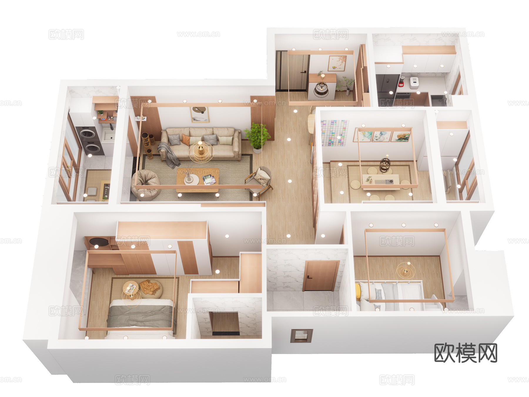 日式整体家装鸟瞰 样板房 日式家装风格 日式挂画 整体家具3d模型下载（渲染图2）