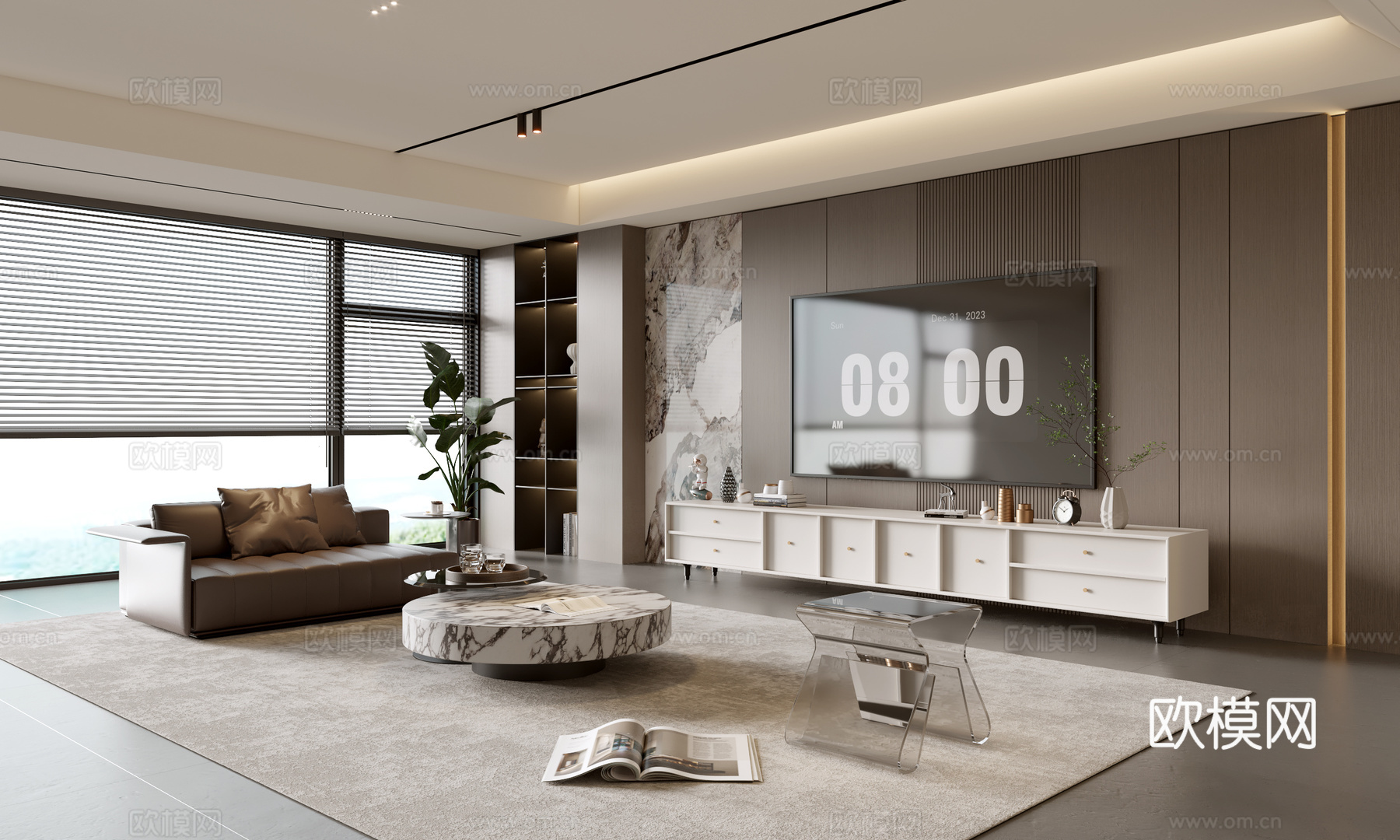 意式客厅 意式电视背景墙 电视柜 沙发茶几组合 电视一体柜su模型