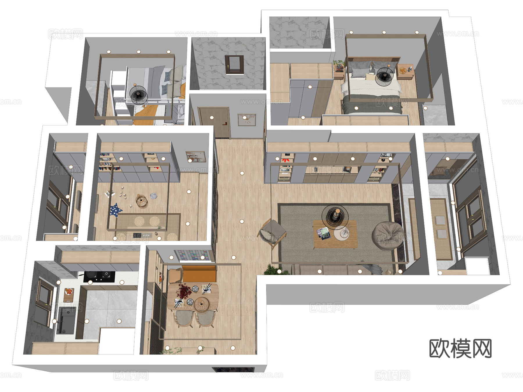 日式整体家装鸟瞰 样板房 日式家装风格 日式挂画 整体家具3d模型下载（渲染图3）