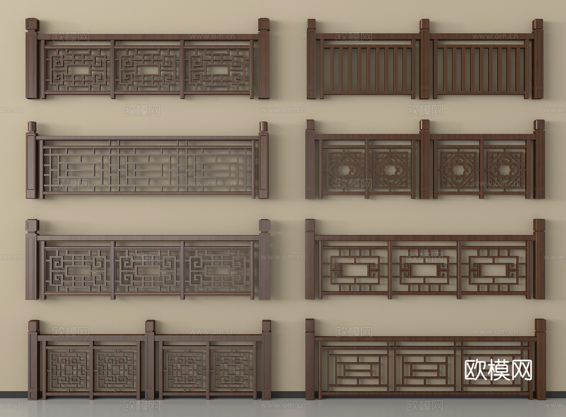 新中式围栏护栏 栏杆 木栏杆 楼梯栏杆3d模型下载