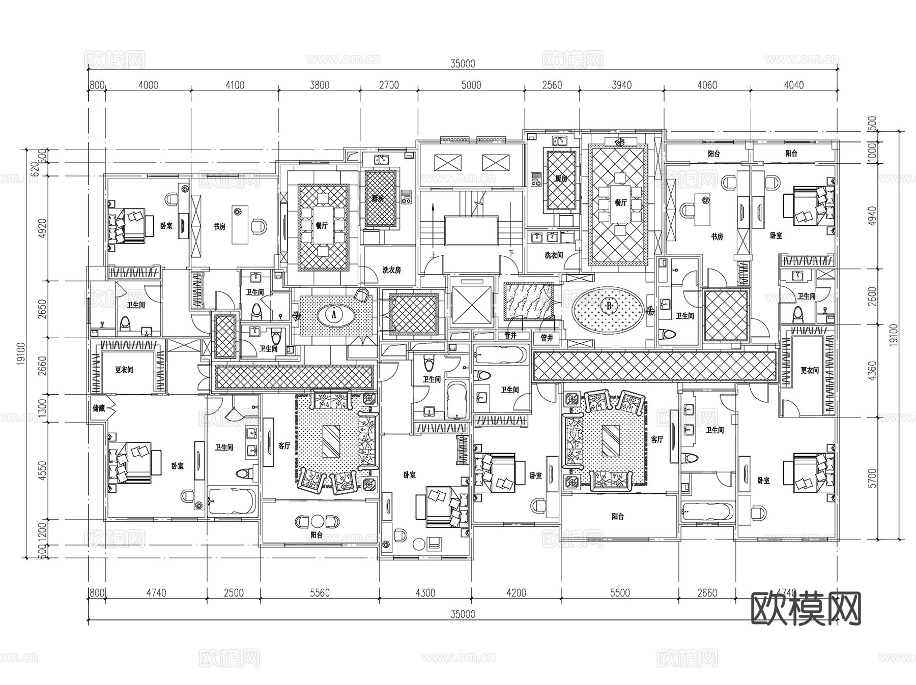住宅建筑套型标准化户型图CAD施工图整合 45套cad施工图
