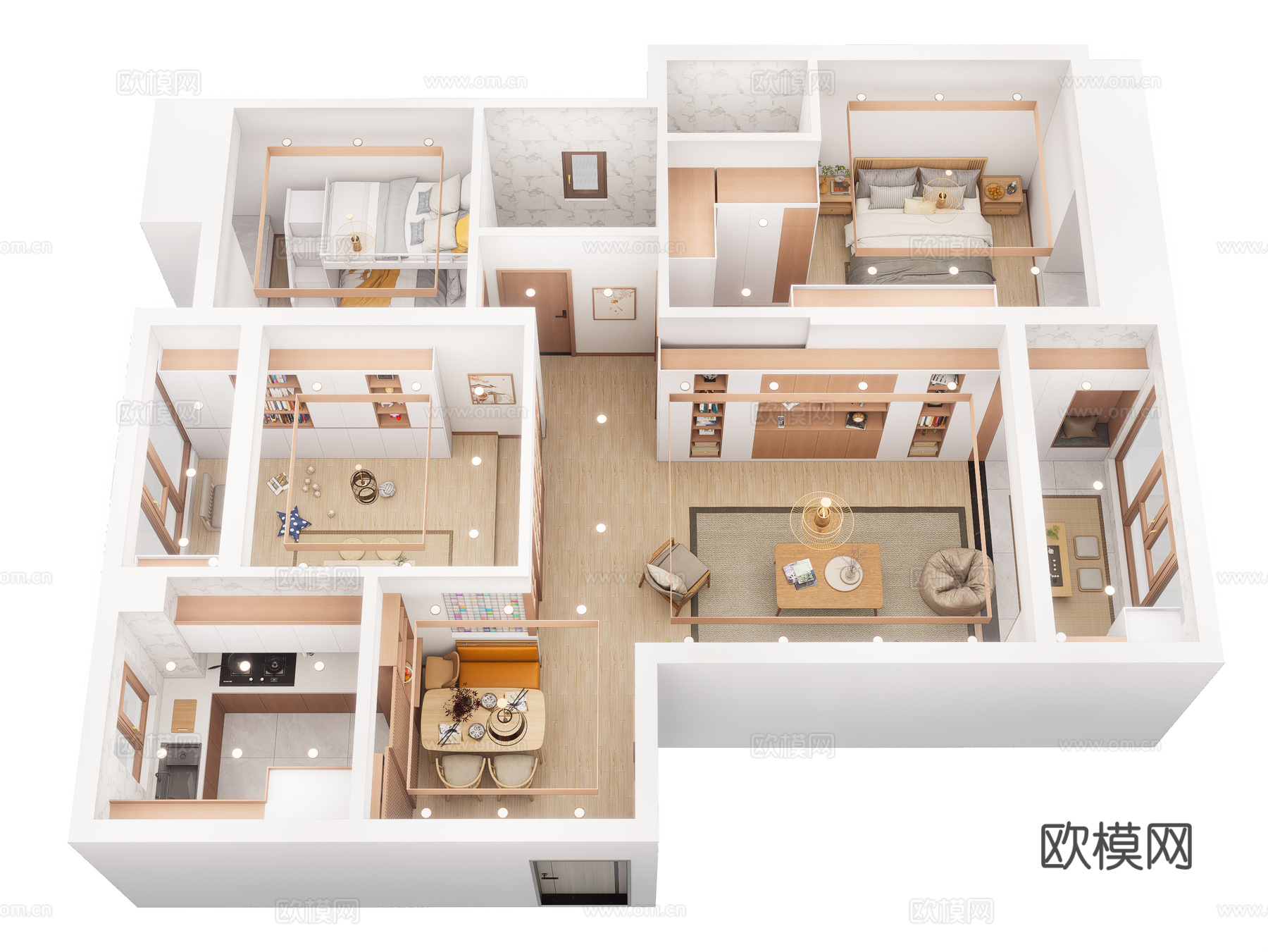 日式整体家装鸟瞰 样板房 日式家装风格 日式挂画 整体家具3d模型下载（渲染图1）