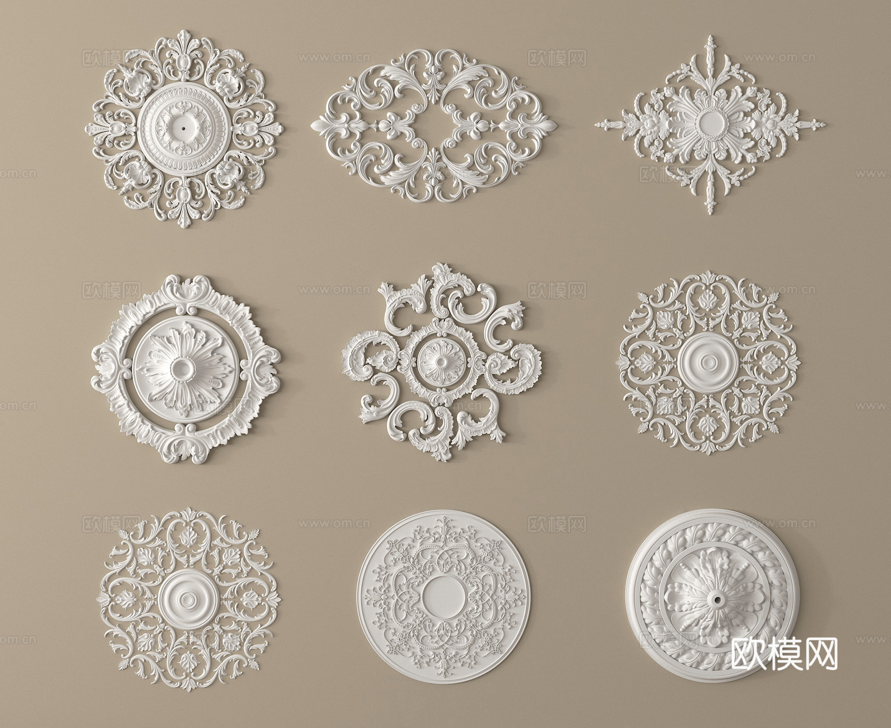 法式雕花 灯盘 石膏构件3d模型下载