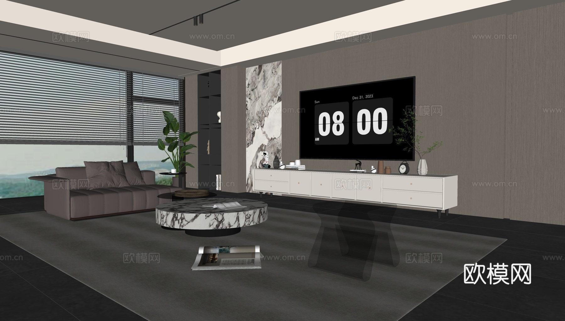 意式客厅 意式电视背景墙 电视柜 沙发茶几组合 电视一体柜su模型