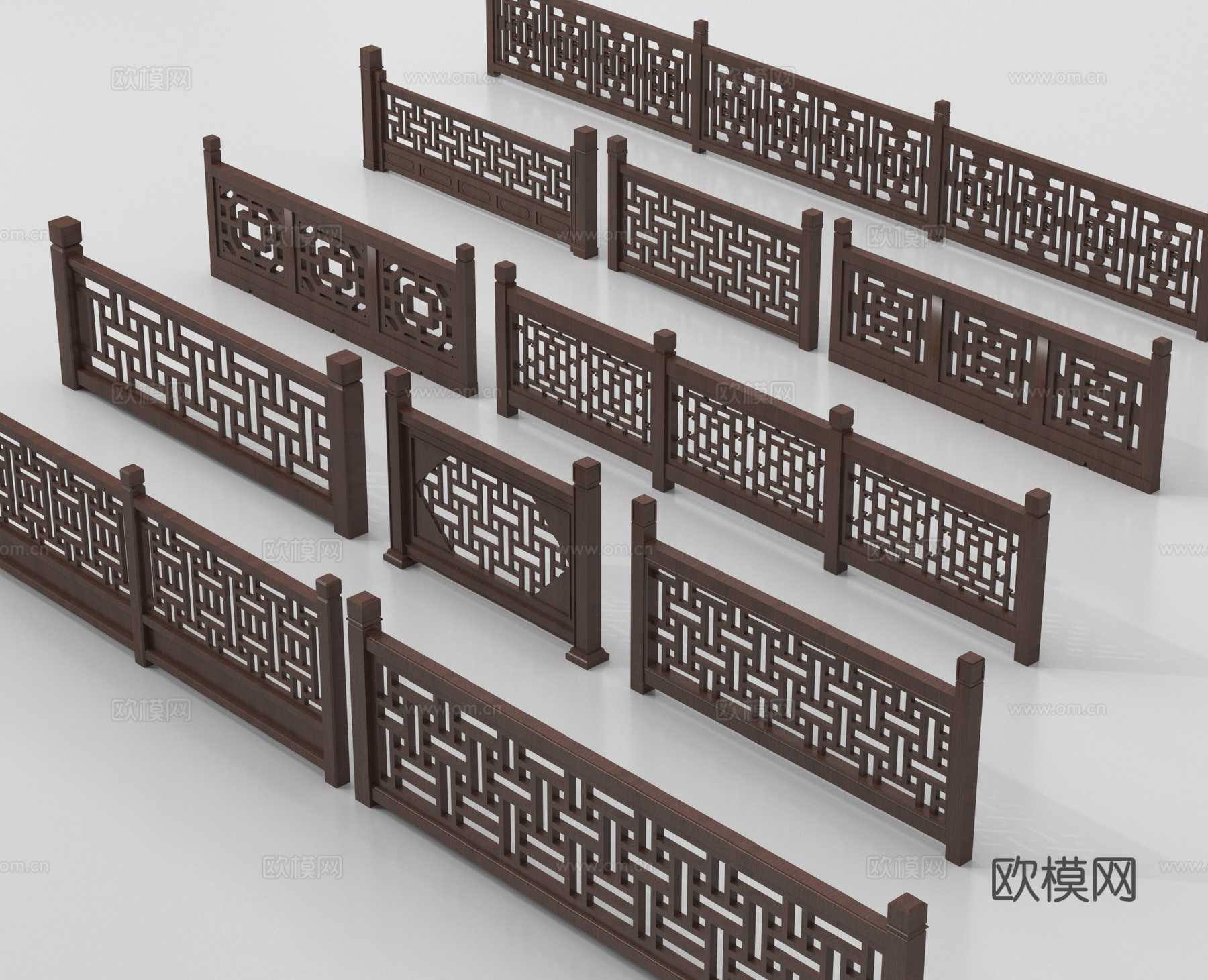 新中式围栏护栏 栏杆 木栏杆 楼梯栏杆su模型