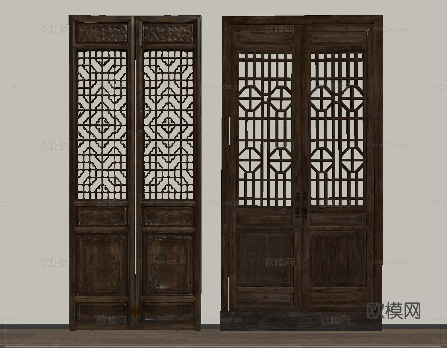 中式旧木门 花格扇 镂空花格su模型