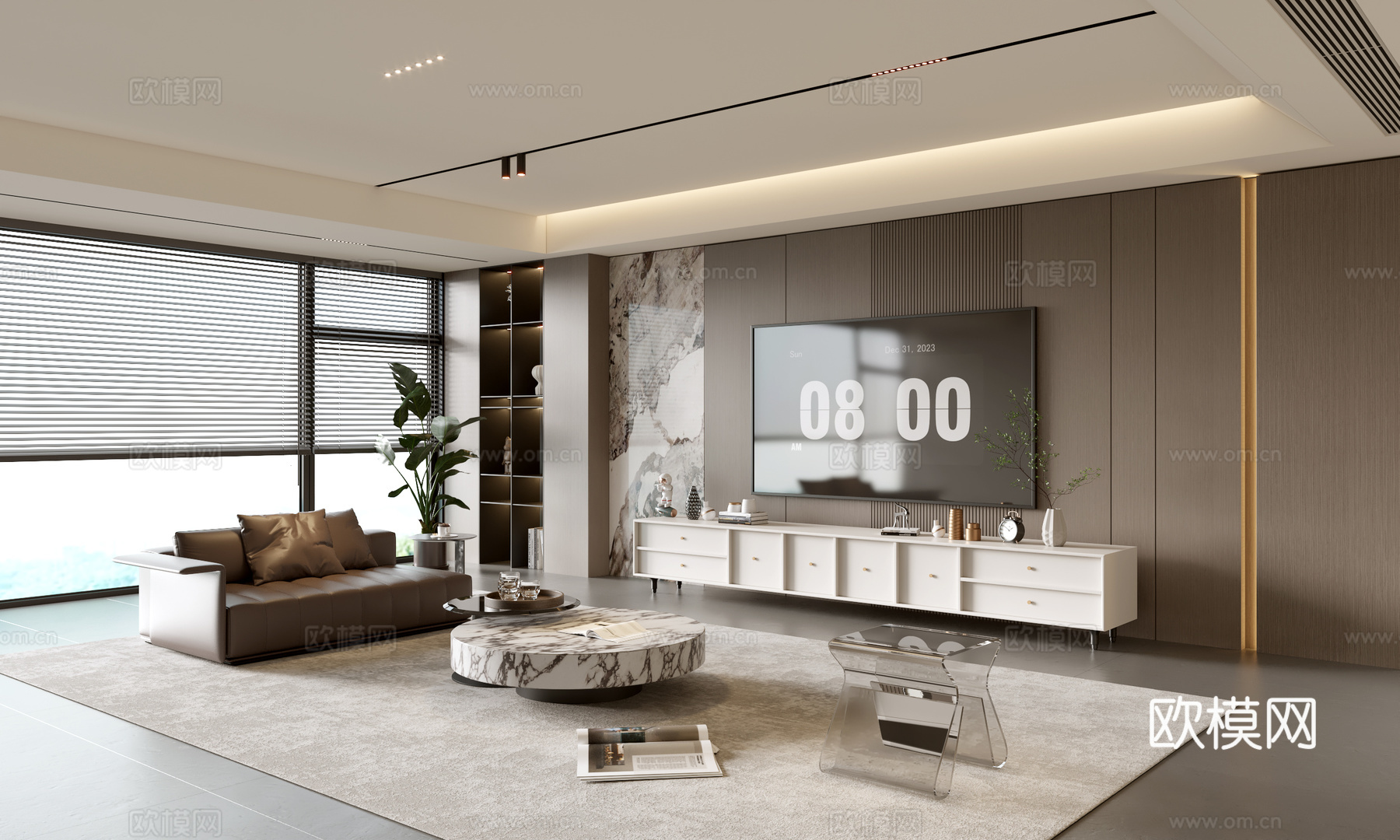 意式客厅 意式电视背景墙 电视柜 沙发茶几组合 电视一体柜su模型