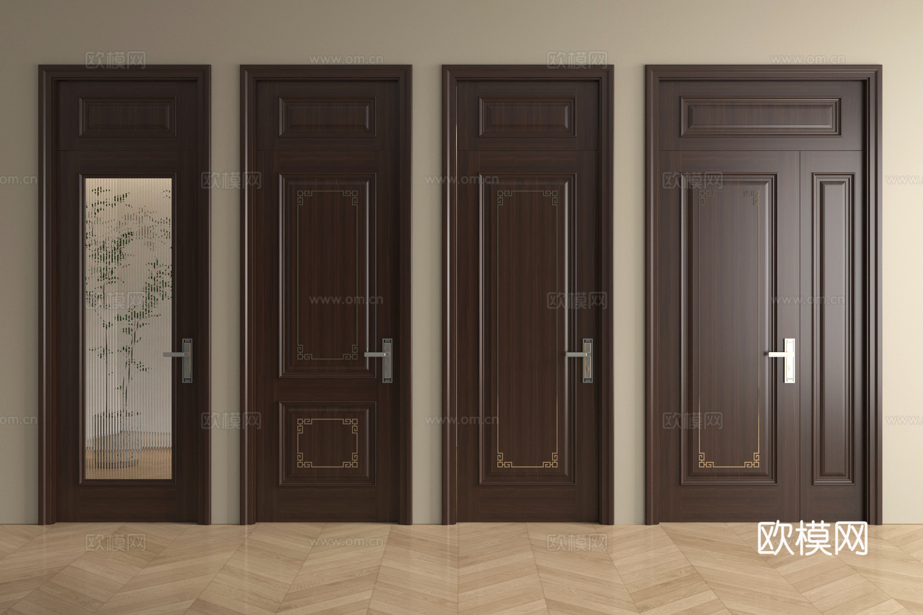 中式实木单开门 入户子母门 玻璃平开门 卧室门 厨卫门3d模型下载