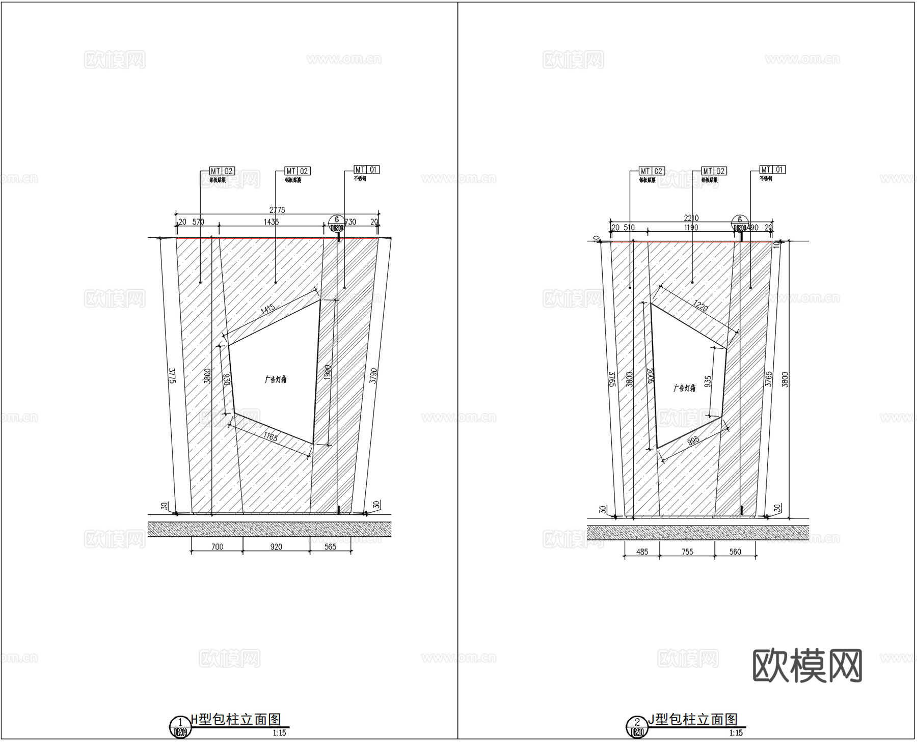 异形柱子包造型、不锈钢板铝蜂窝芯、包柱子暗藏消防栓、商场包柱cad施工图