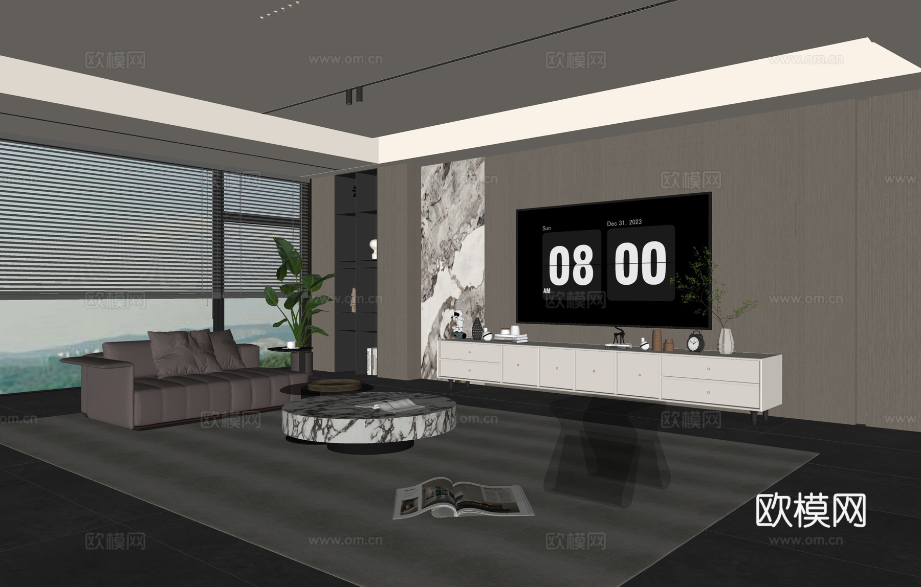 意式客厅 意式电视背景墙 电视柜 沙发茶几组合 电视一体柜su模型