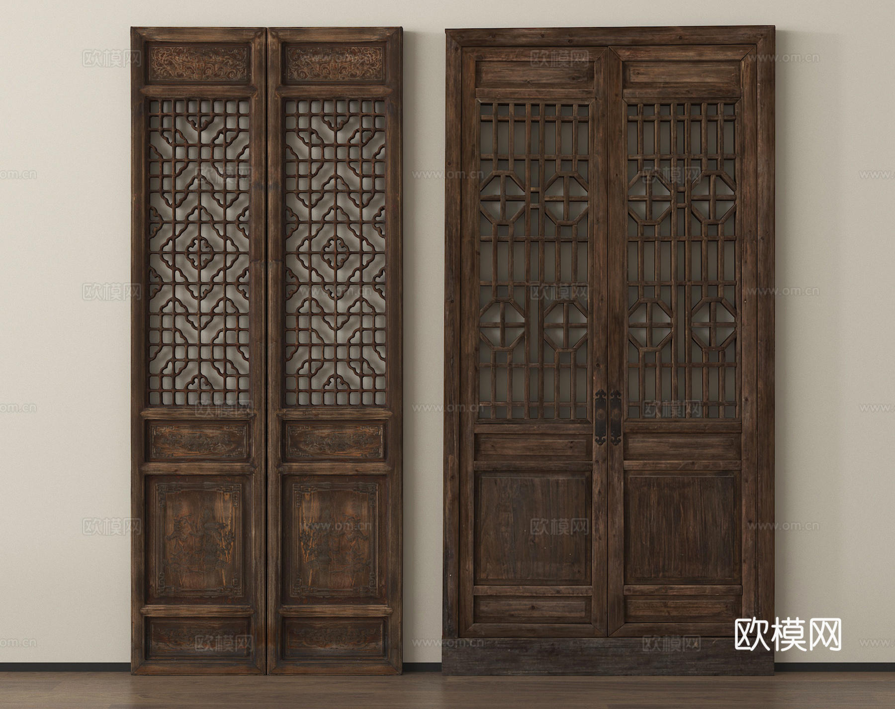 中式旧木门 花格扇 镂空花格su模型