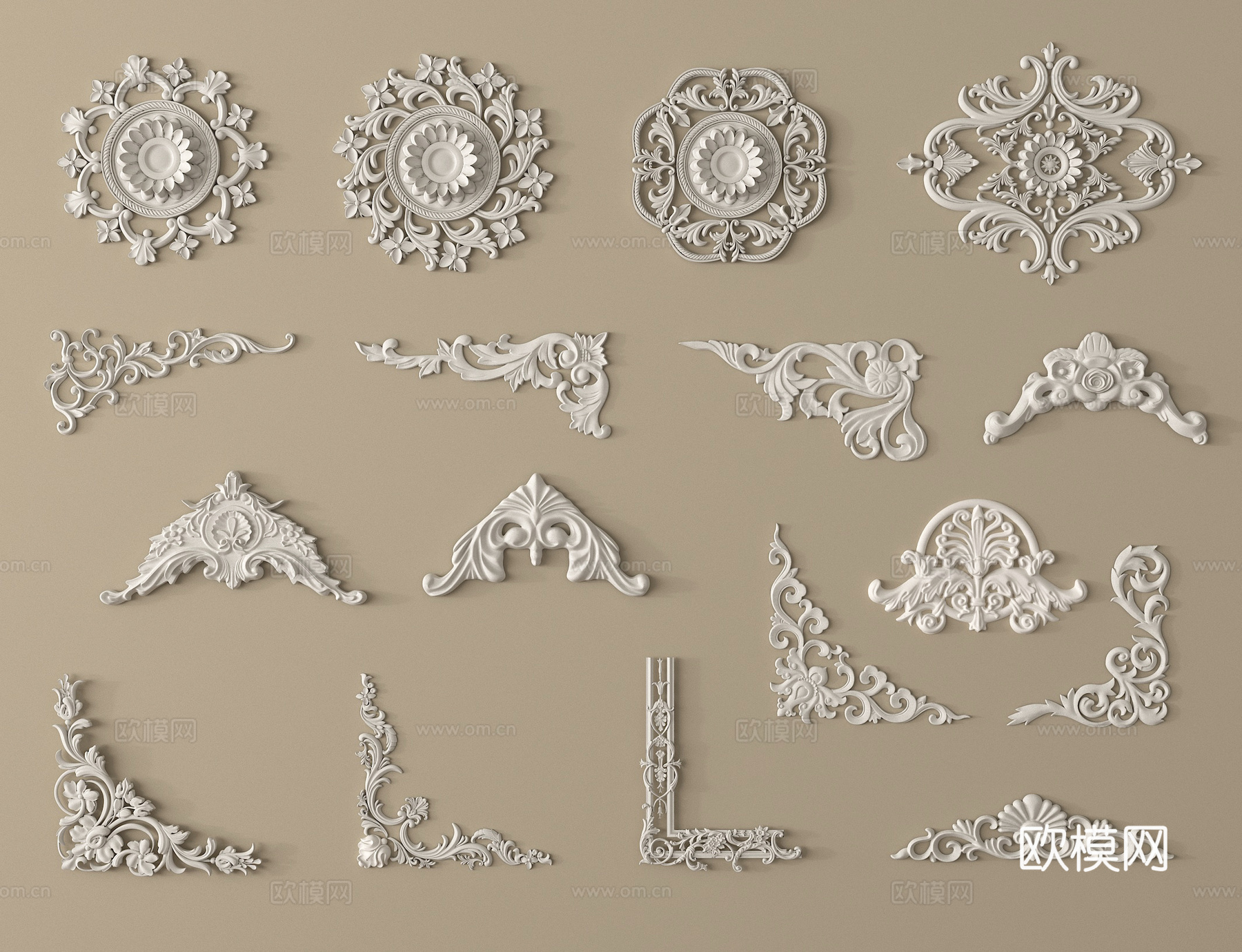 法式雕花 角花 灯盘 石膏构件3d模型下载