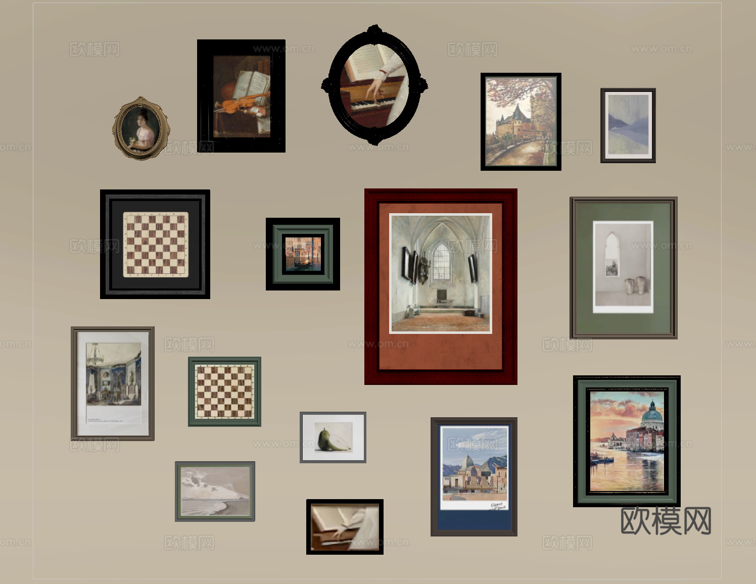 美式挂画组合 装饰挂su模型