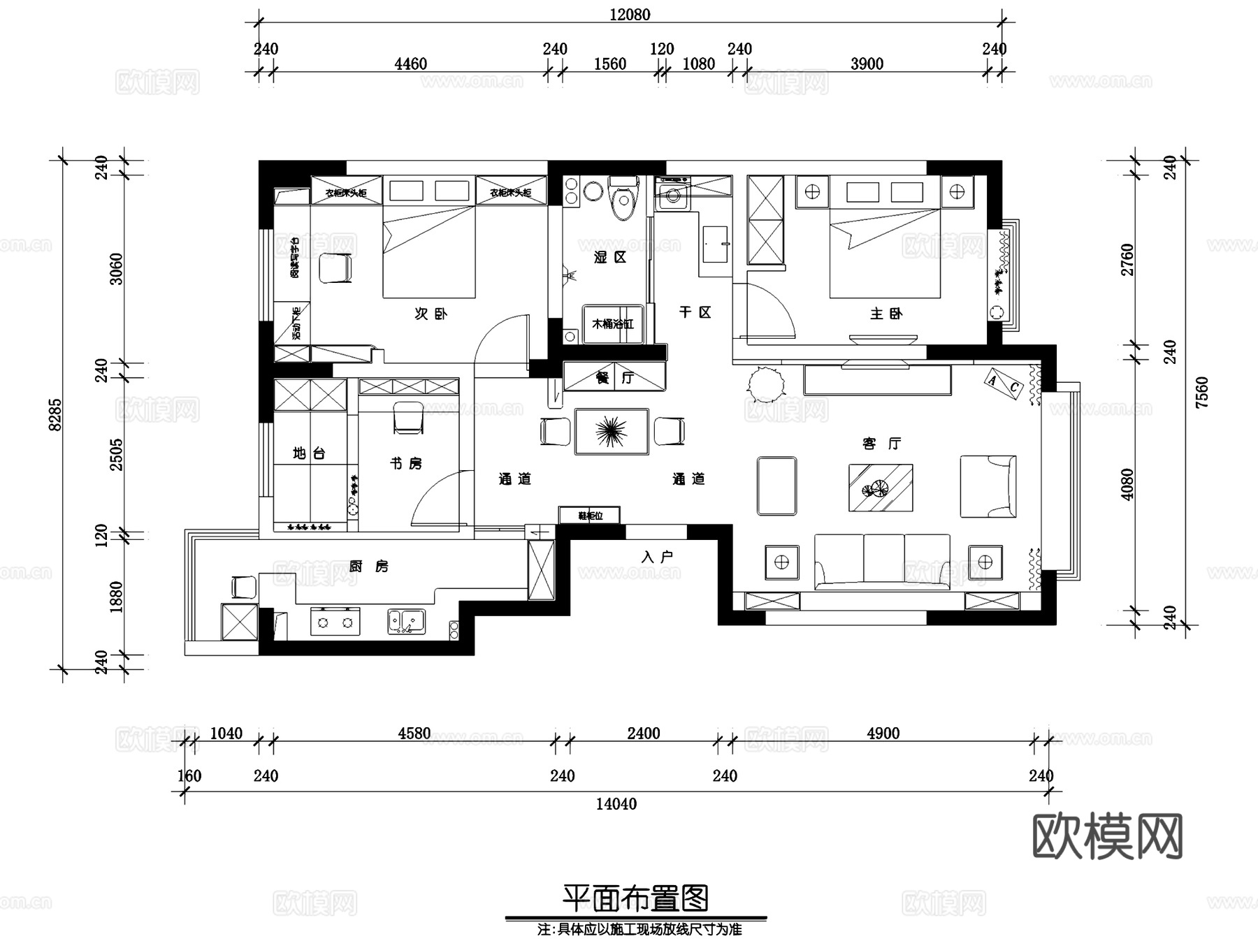 地中海风私宅三室两厅一卫室内家装CAD施工图cad施工图