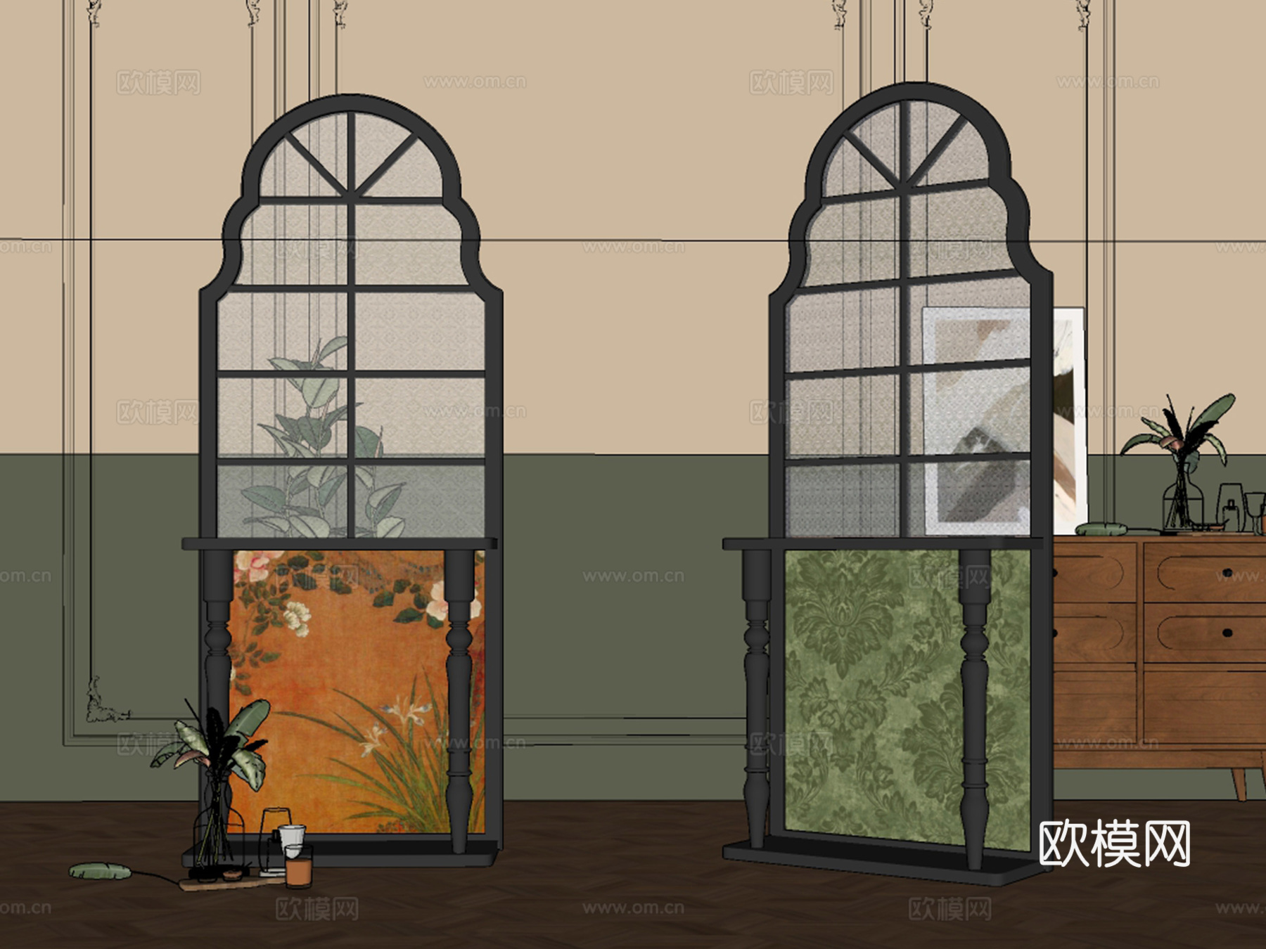法式海棠玻璃实木屏风入户玄关隔断su模型
