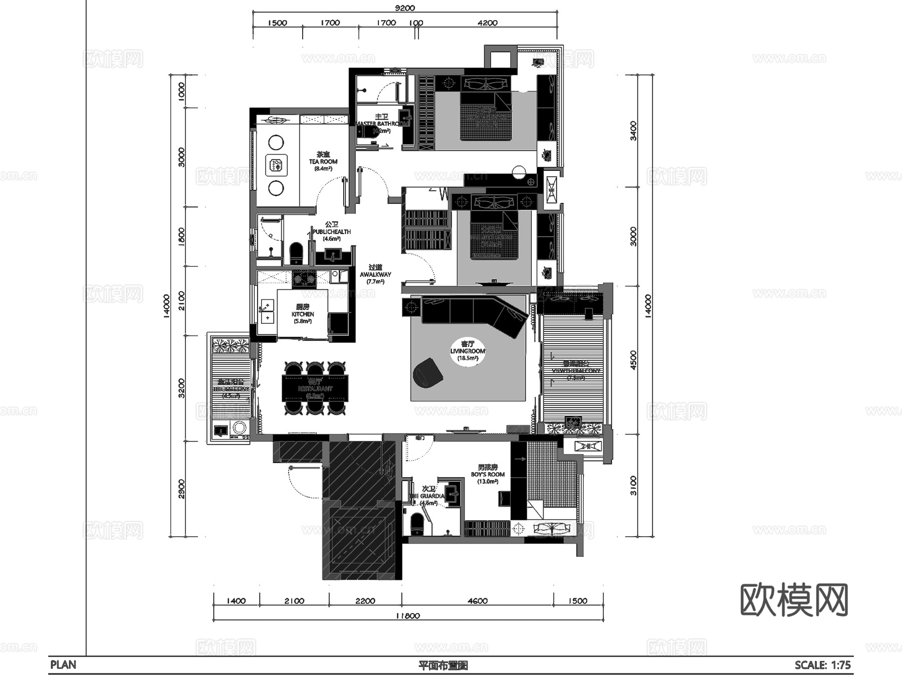 宝能贵州双龙科技城135㎡样板房室内家装CAD施工图整套cad施工图