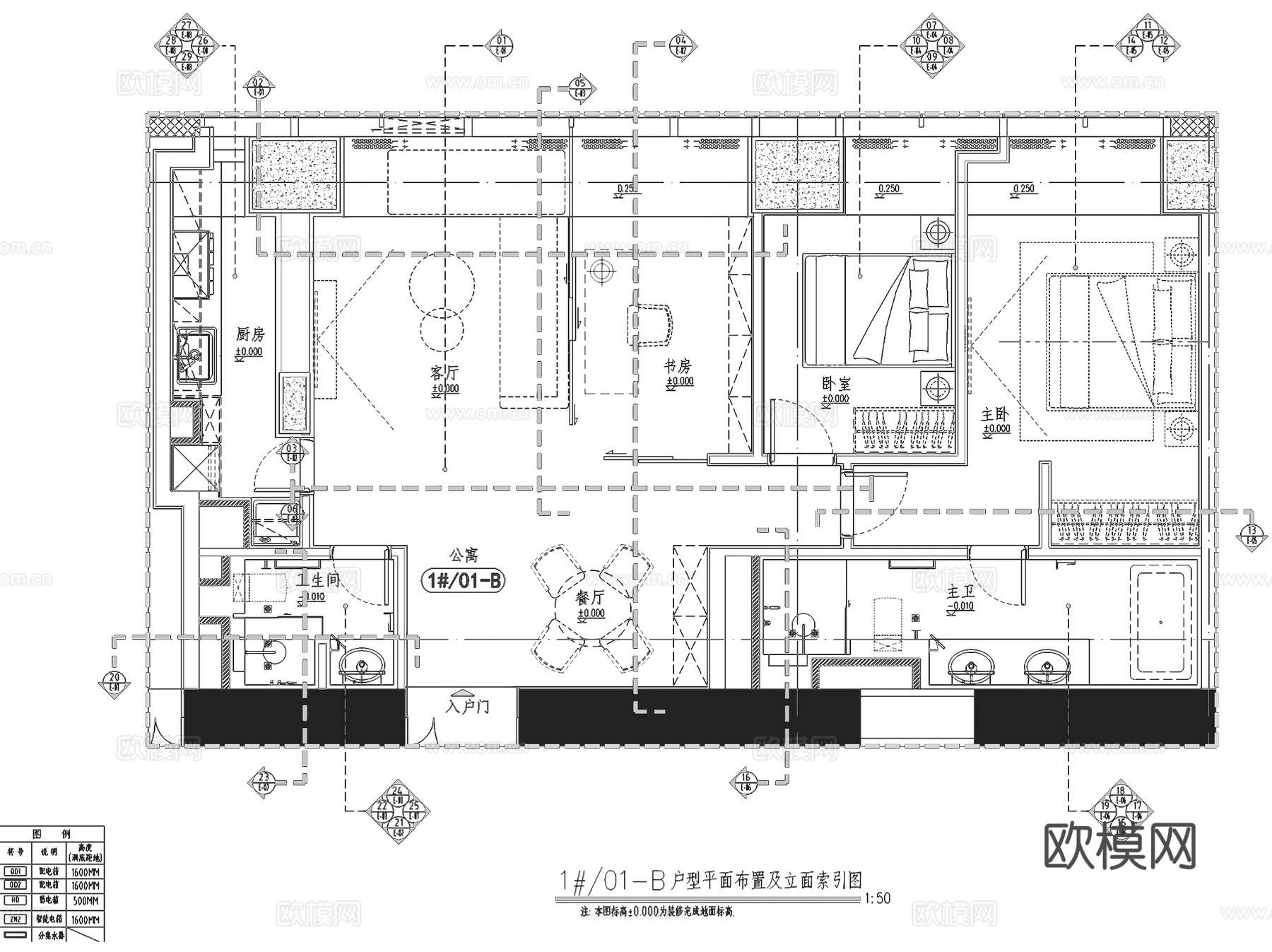 北京万科通州核心区大都会滨江1#01-B户型室内家装CADcad施工图