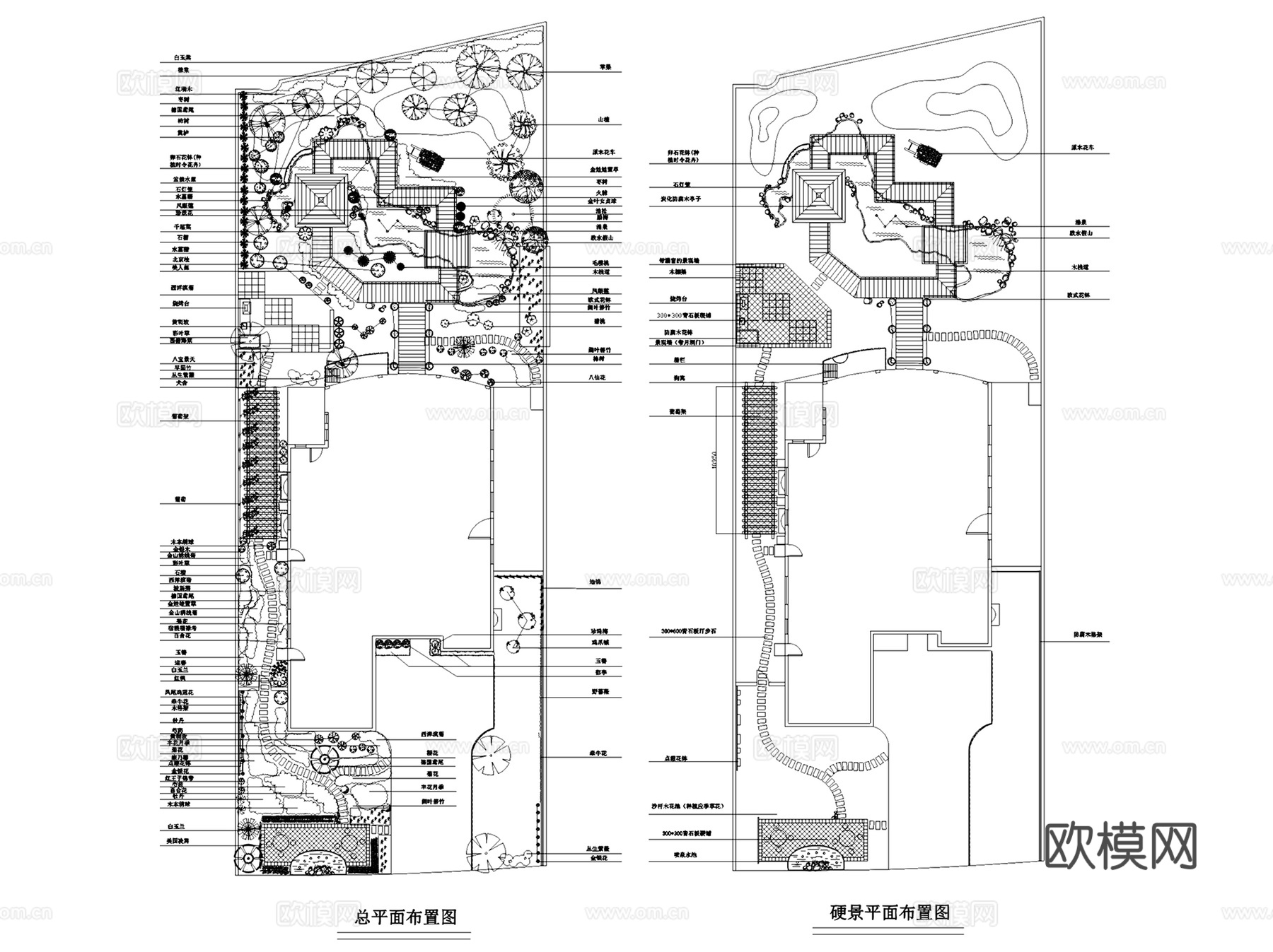 别墅庭院花园屋顶花园景观植物绿化平面CAD施工图集 46套cad施工图