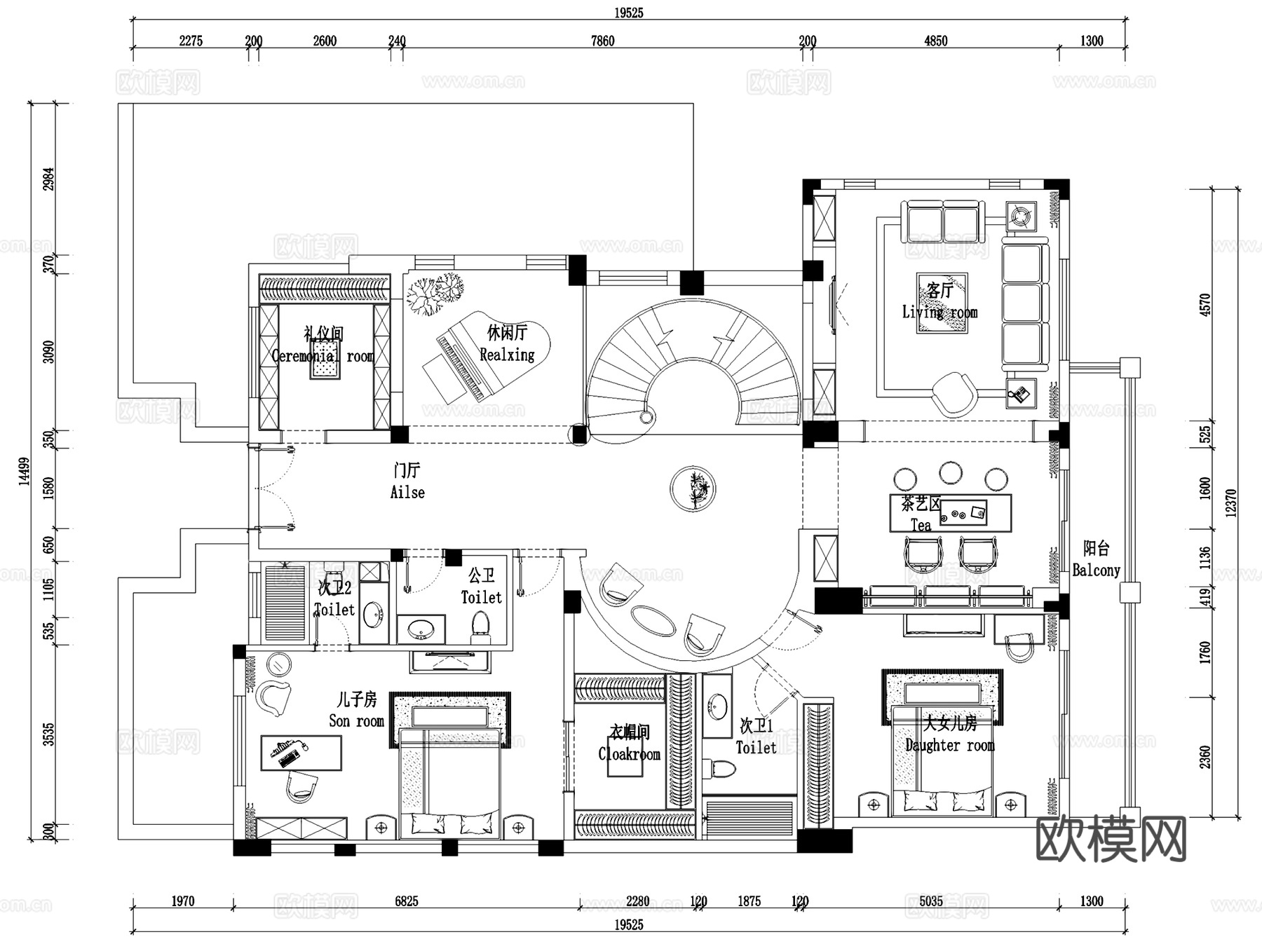 成都麓山国际二层别墅室内家装CAD施工图+3Dmax模型cad施工图