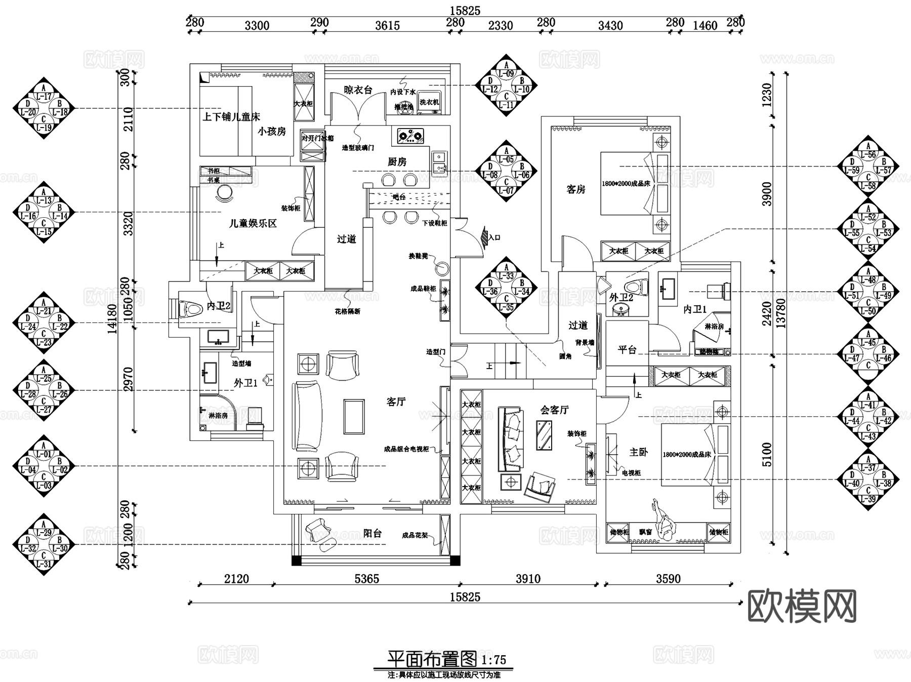 地中海风三室两厅四卫室内家装CAD施工图cad施工图