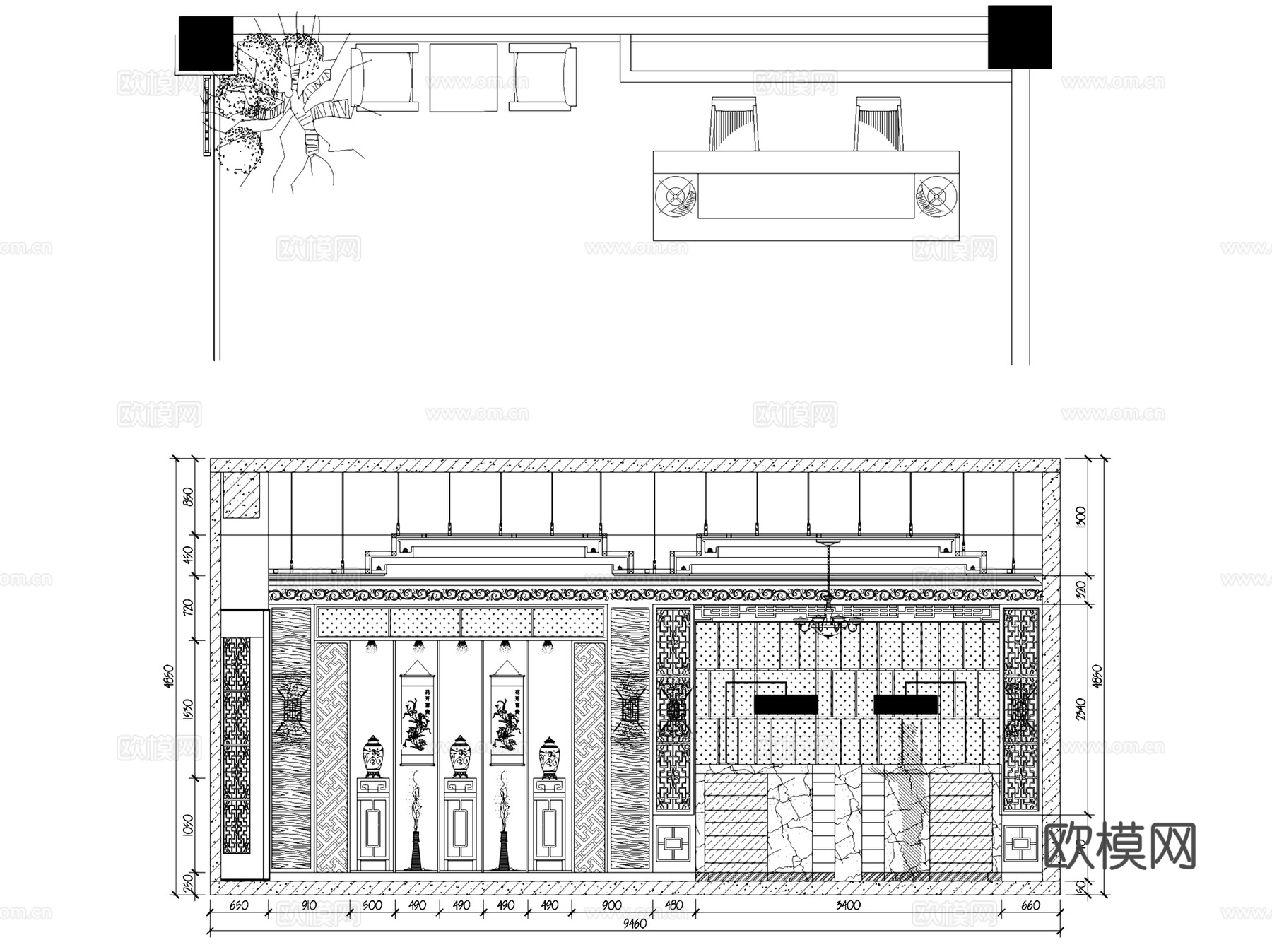 新中式中餐厅室内工装CAD施工图+3Dmax模型cad施工图