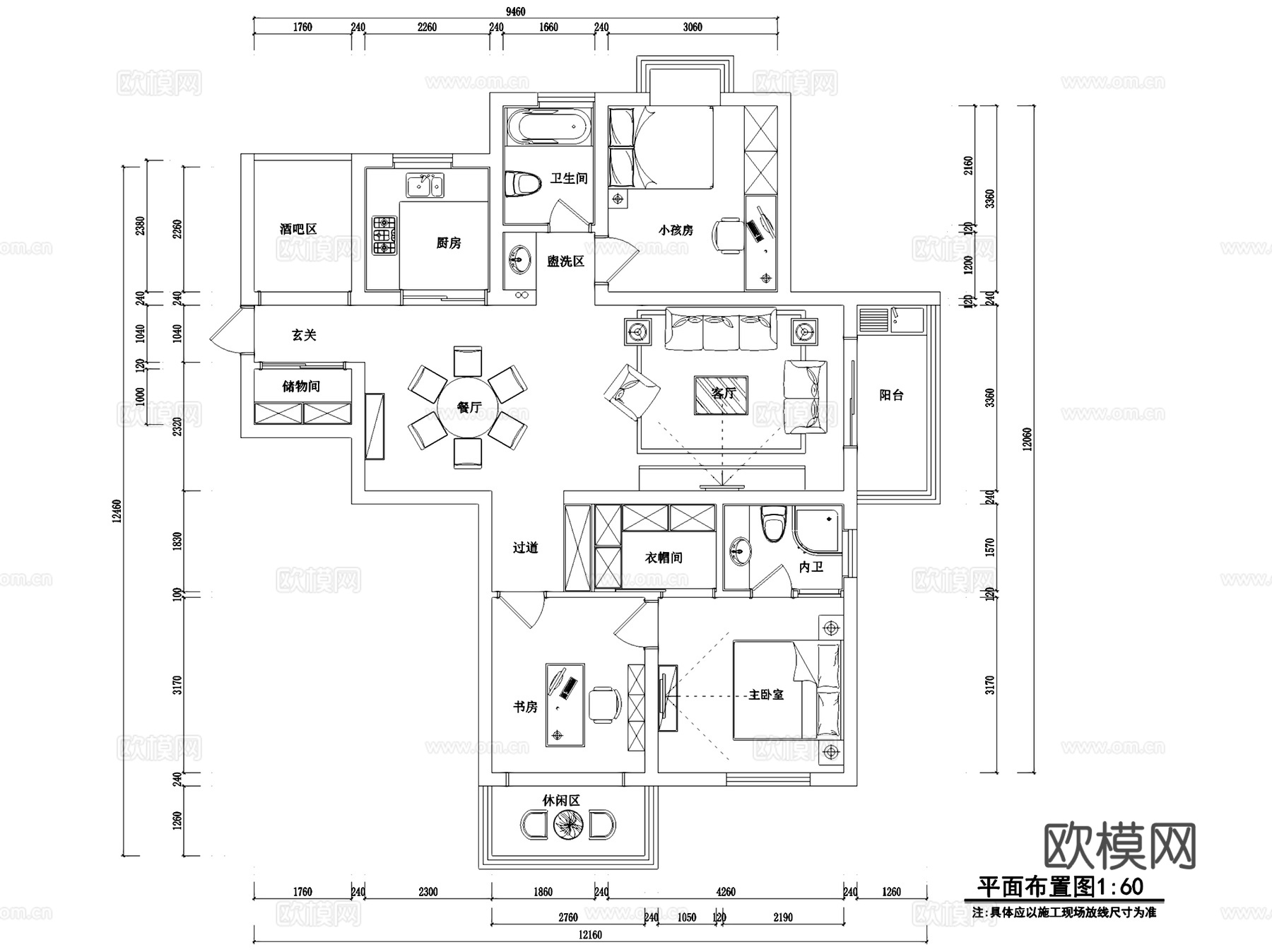 北欧风三室两厅私宅室内家装CAD施工图cad施工图