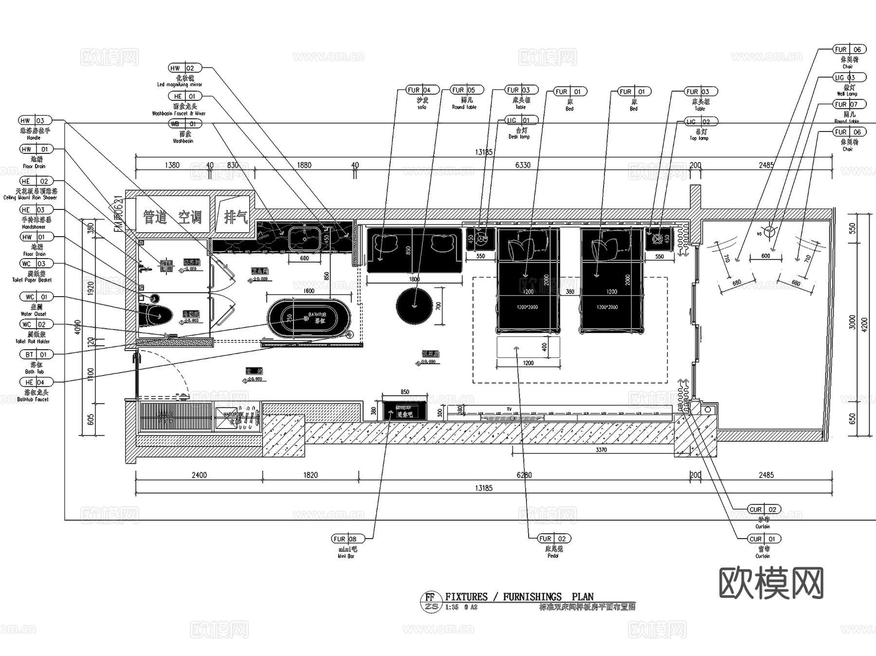抚仙湖莎梅温德姆花园酒店客房大床房双床房套房样板间室内工装Ccad施工图下载（渲染图4）
