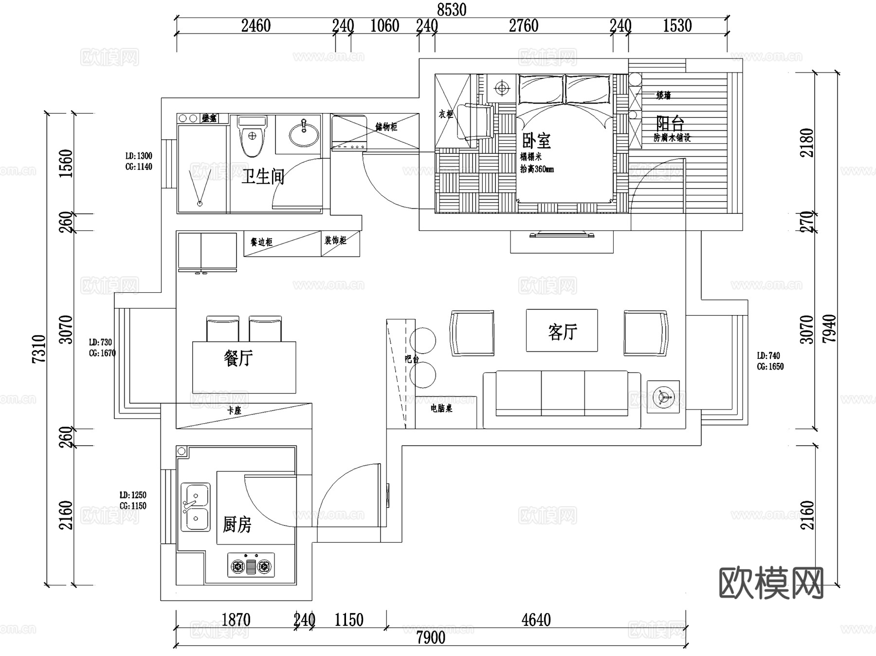 宝祥苑14#401一室两厅一卫室内家装CAD施工图cad施工图
