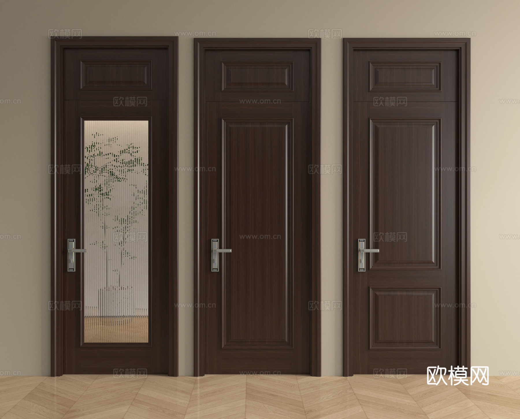 中式实木单开门 入户门 玻璃平开门 卧室门 厨卫门su模型