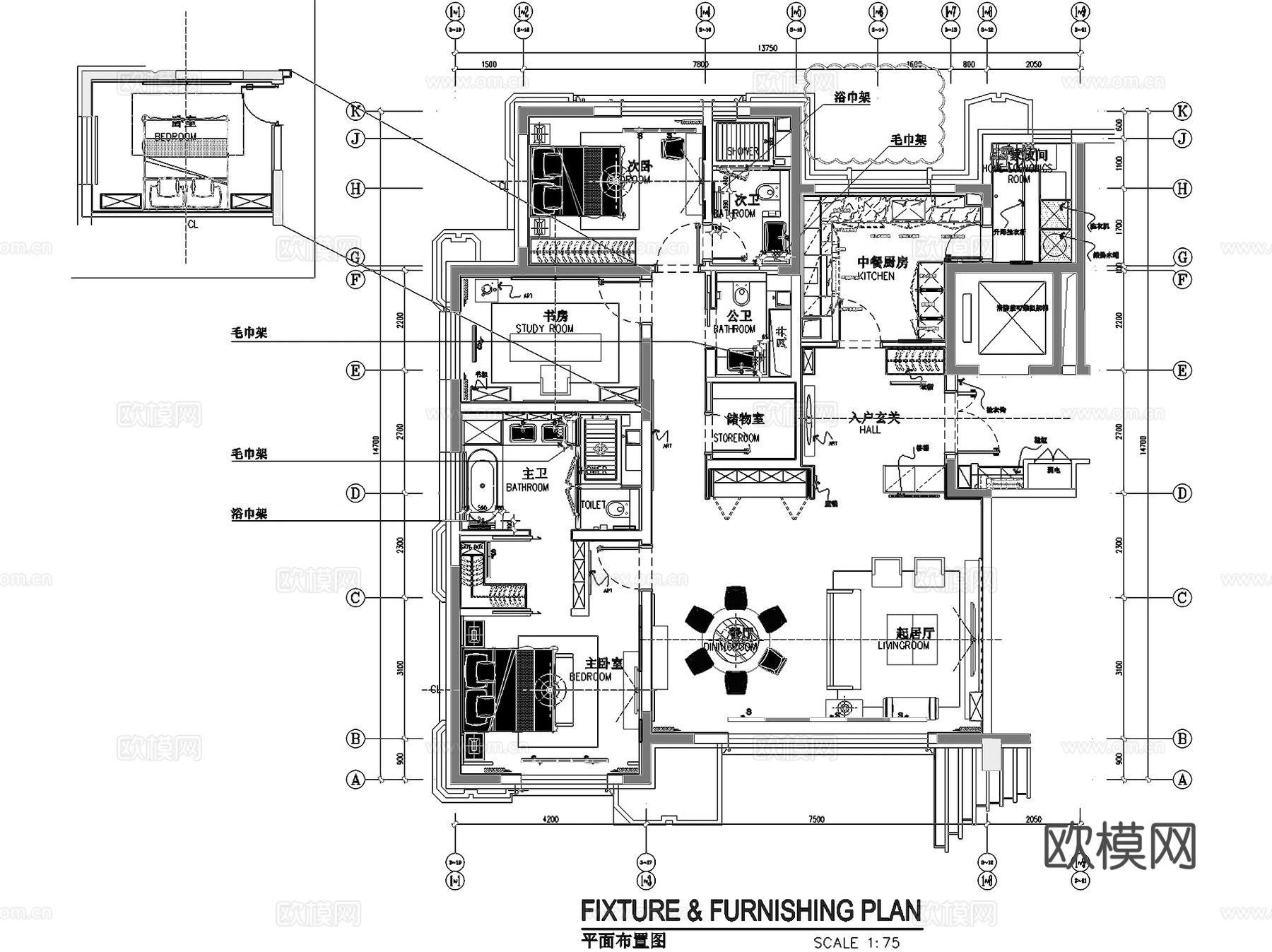 北京丰台花乡樊家村175户型室内家装CAD施工图整套cad施工图