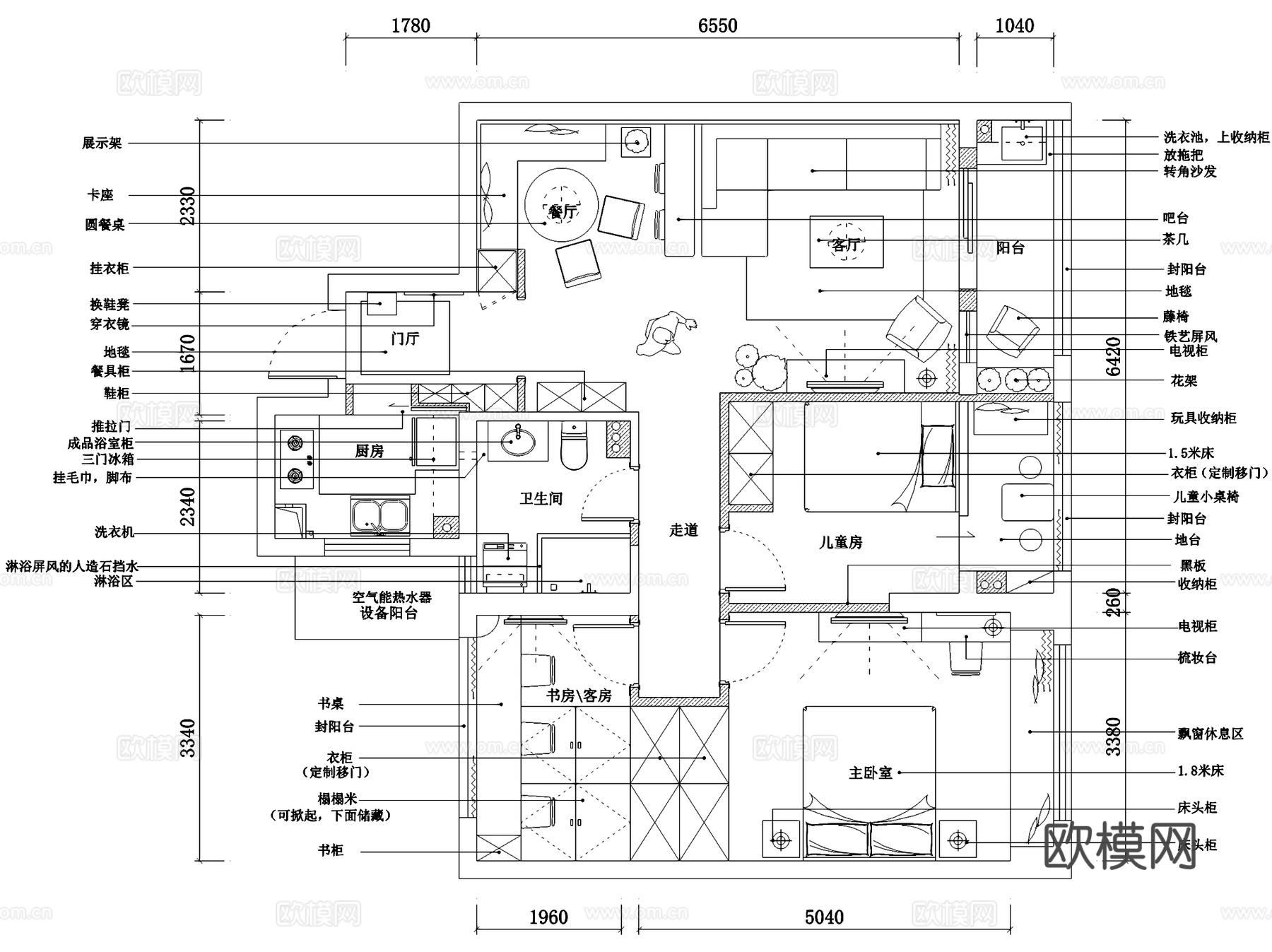 北欧田园风杭州私宅三室两厅一卫室内家装CAD施工图cad施工图
