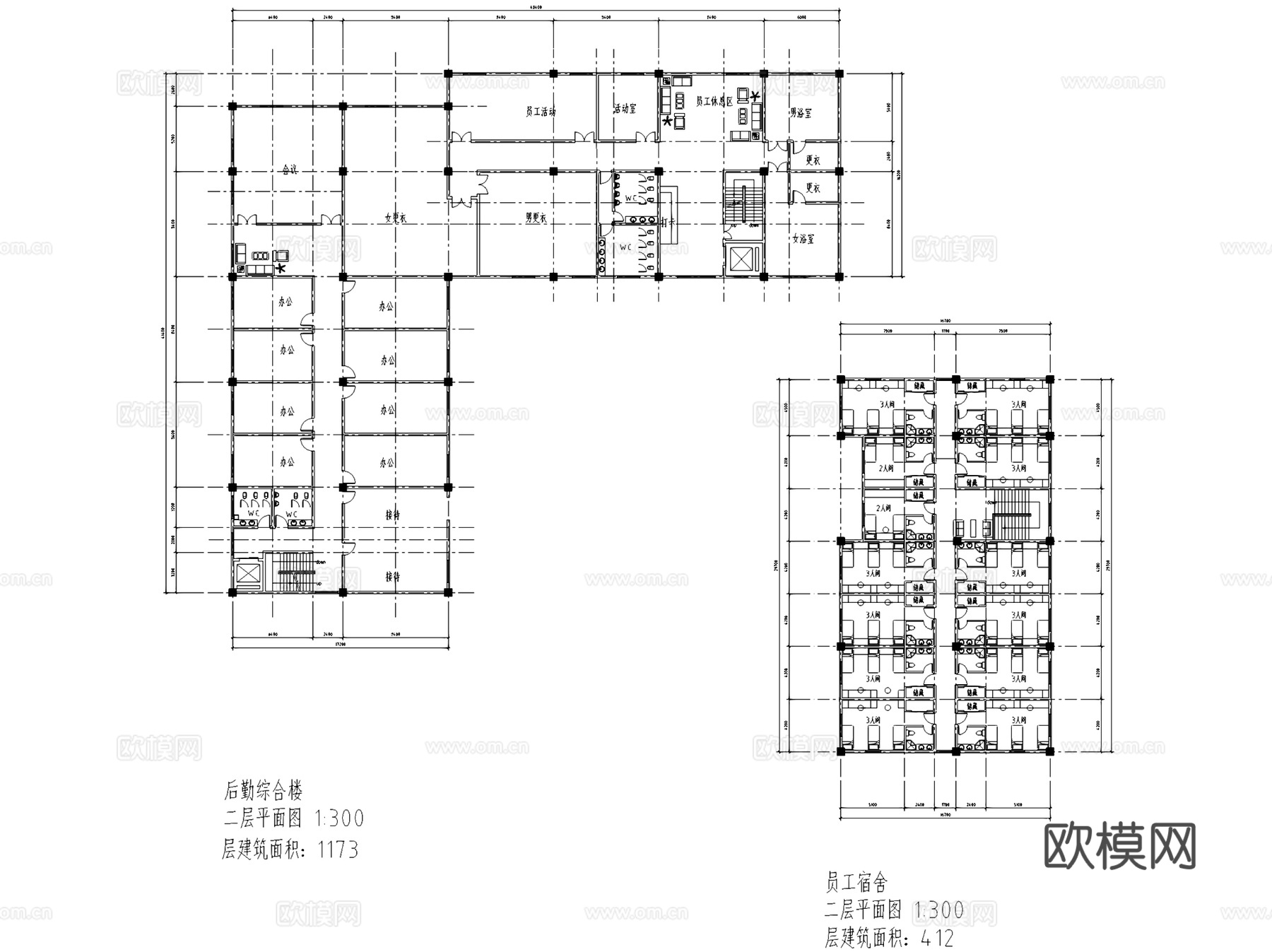 新中式旅游酒店后勤综合楼员工宿舍建筑平面CAD施工图cad施工图下载（渲染图5）