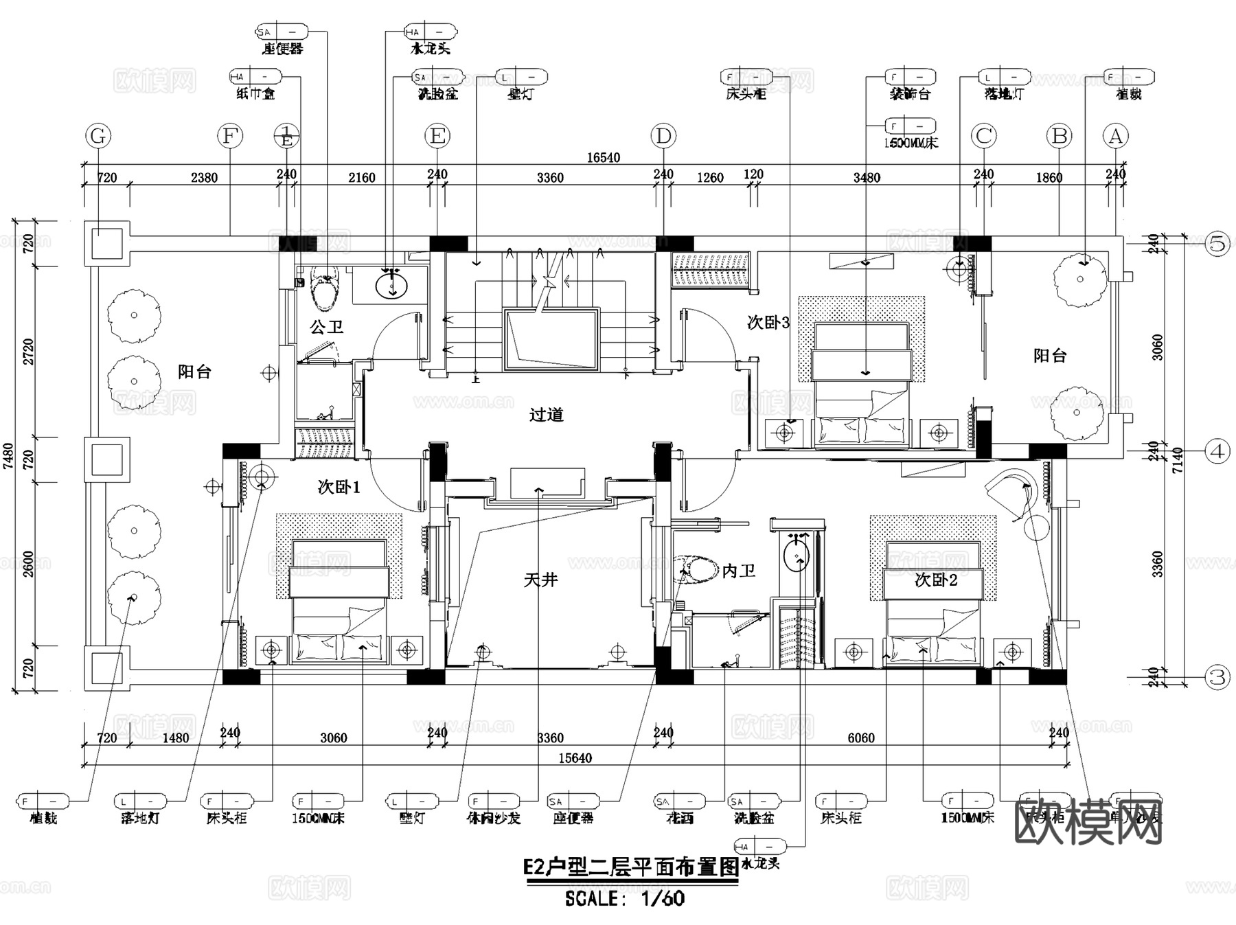 保亿风景水岸E2户型欧式三层联排别墅室内家装CAD施工图整套cad施工图