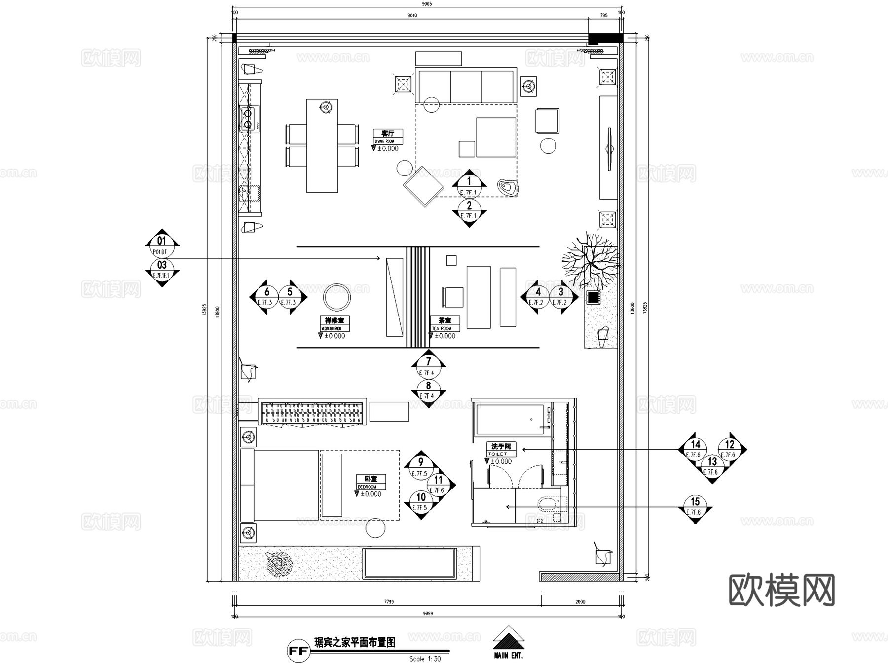 北四环店一号馆琚宾之家中式室内家装CAD施工图整套cad施工图