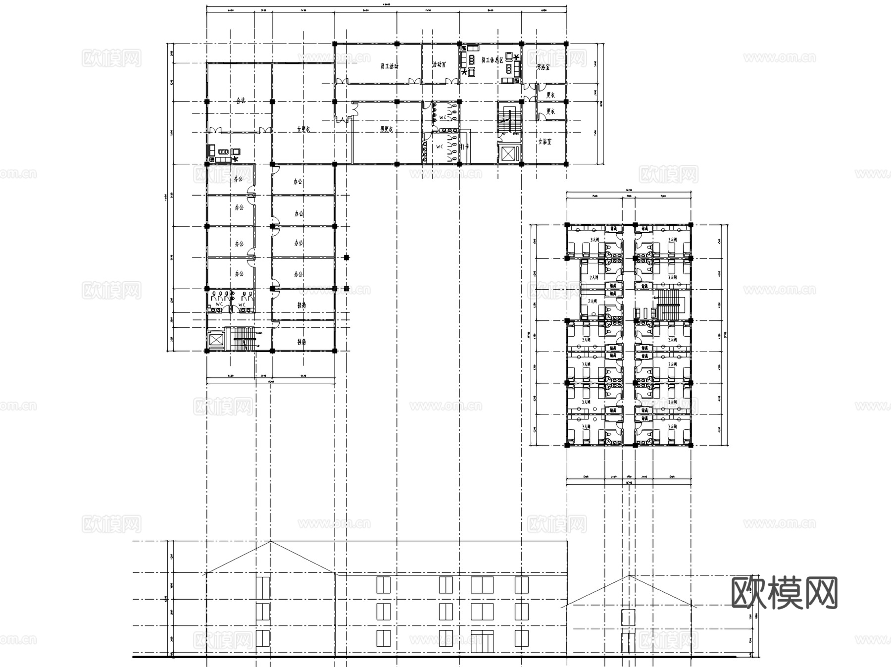 新中式旅游酒店后勤综合楼员工宿舍建筑平面CAD施工图cad施工图下载（渲染图4）