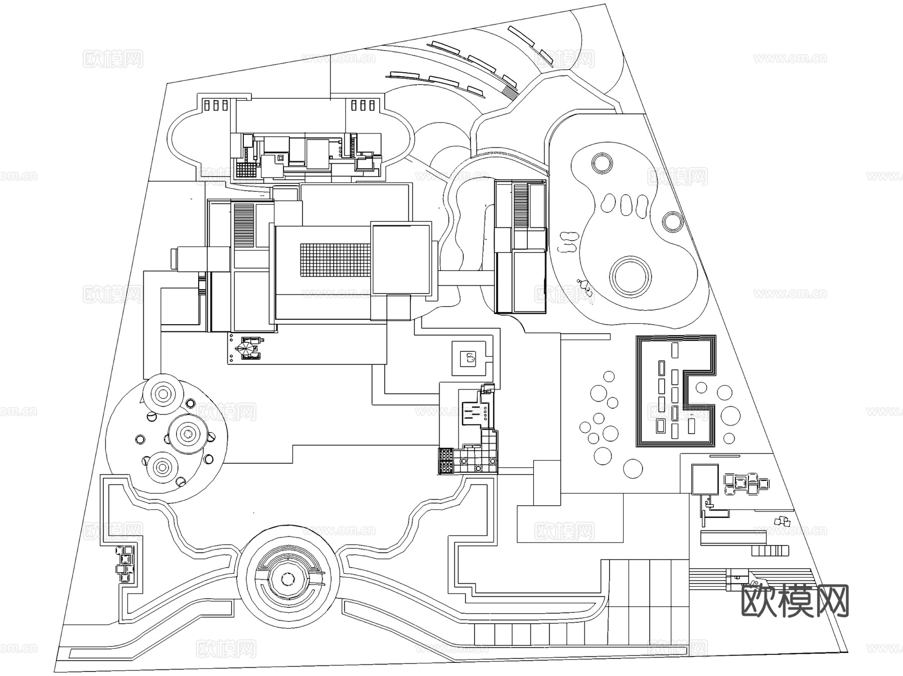 新中式会所建筑CAD施工图+SU模型cad施工图